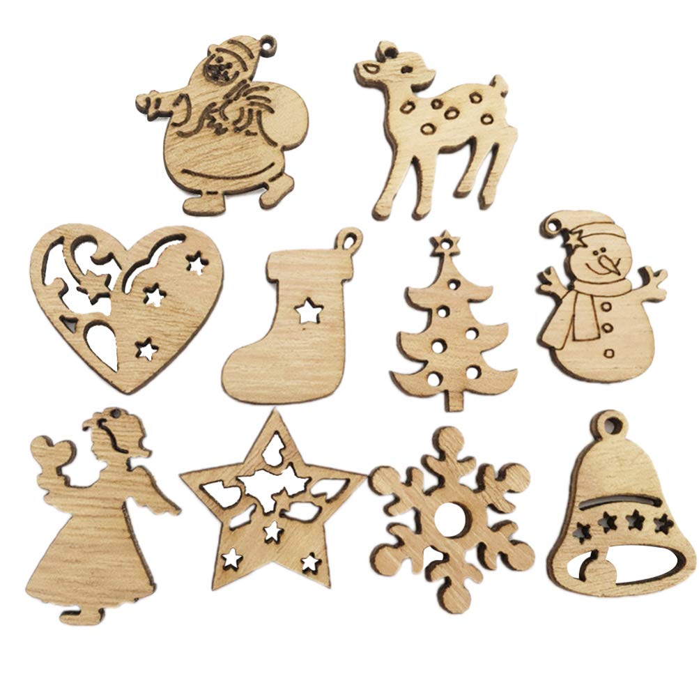 Nuobesty Picture 1 200Pcs Unfinished Wood Christmas Cutouts Shapes Wooden Christmas Shapes Hanging Wooden Tree Decorations Slices For Diy Craft Painting