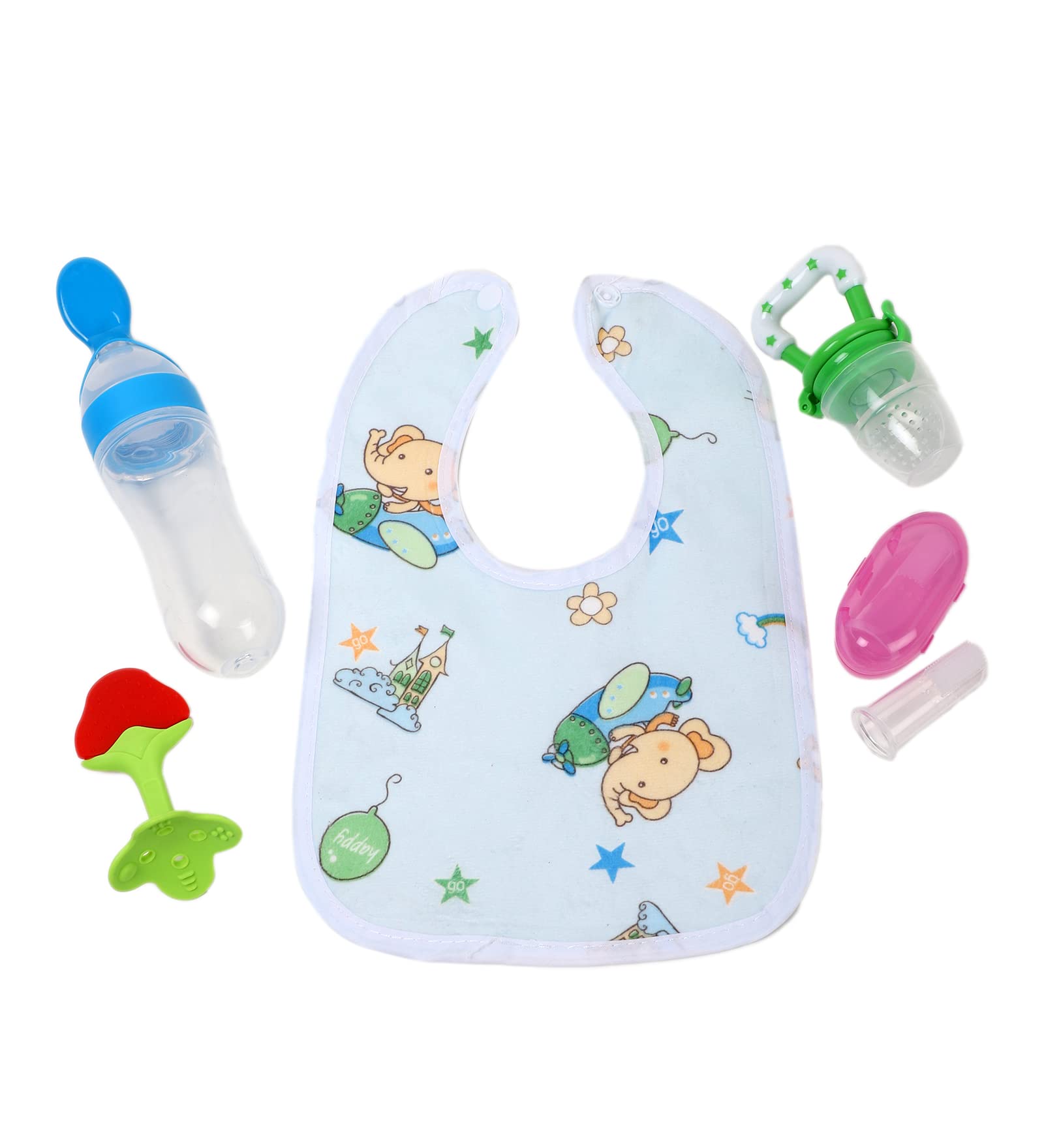 ROFORUF Infants Fruit Feeder 1Pc, Silicone Baby Food Dispensing Spoon 90Ml 1Pc, Fruit Shape Teether 1Pc, Finger Tooth Brush 1Pc And Baby Bib 1Pc (Combo Of 5 (4)),Assorted-image-20