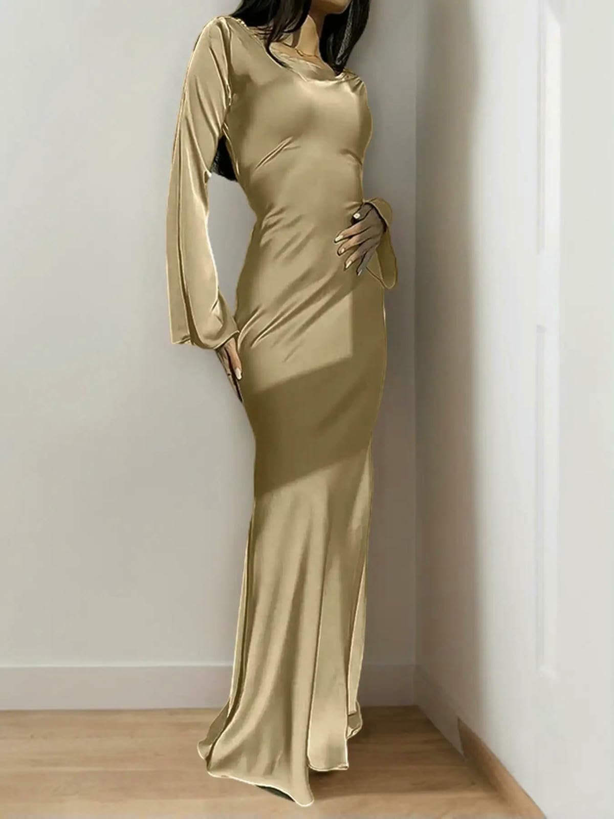 Abito Donna Lungo da in Raso, Sera Elegante con Cravatta Vita, Maniche Svasate A Girocollo-Oro-m