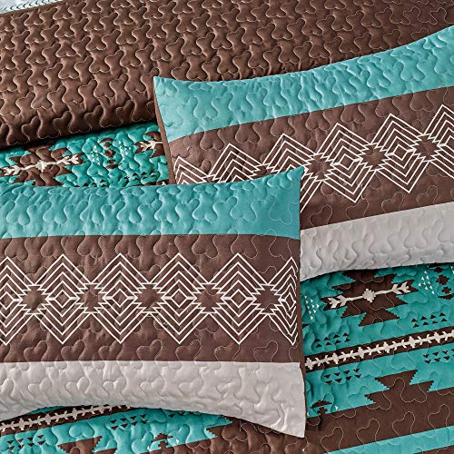 WPM WORLD PRODUCTS MART Southwest Teal/Beige/Brown Print Bedspread 3 Piece Navajo/Native American Tribal Design Microfiber Cabin Lodge Quilt Set- Queen Size Southwestern Bedding Makala (Queen) - Thumbnail 3