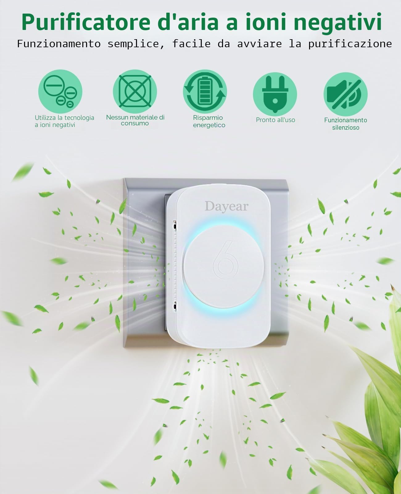 Purificatore d'aria per Bedroom, Dayear Mini Air Purifier Plug-in Negative Ion Air Purifier per la casa, 3 modalità di illuminazione a LED,adatto per servizi igienici, Living Room/Pet Room/4 pezzi