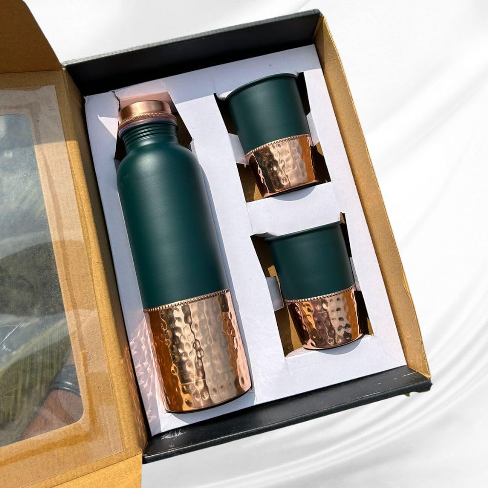 Galific Art Copper Bottle Gift Set with Custom Name (Green)