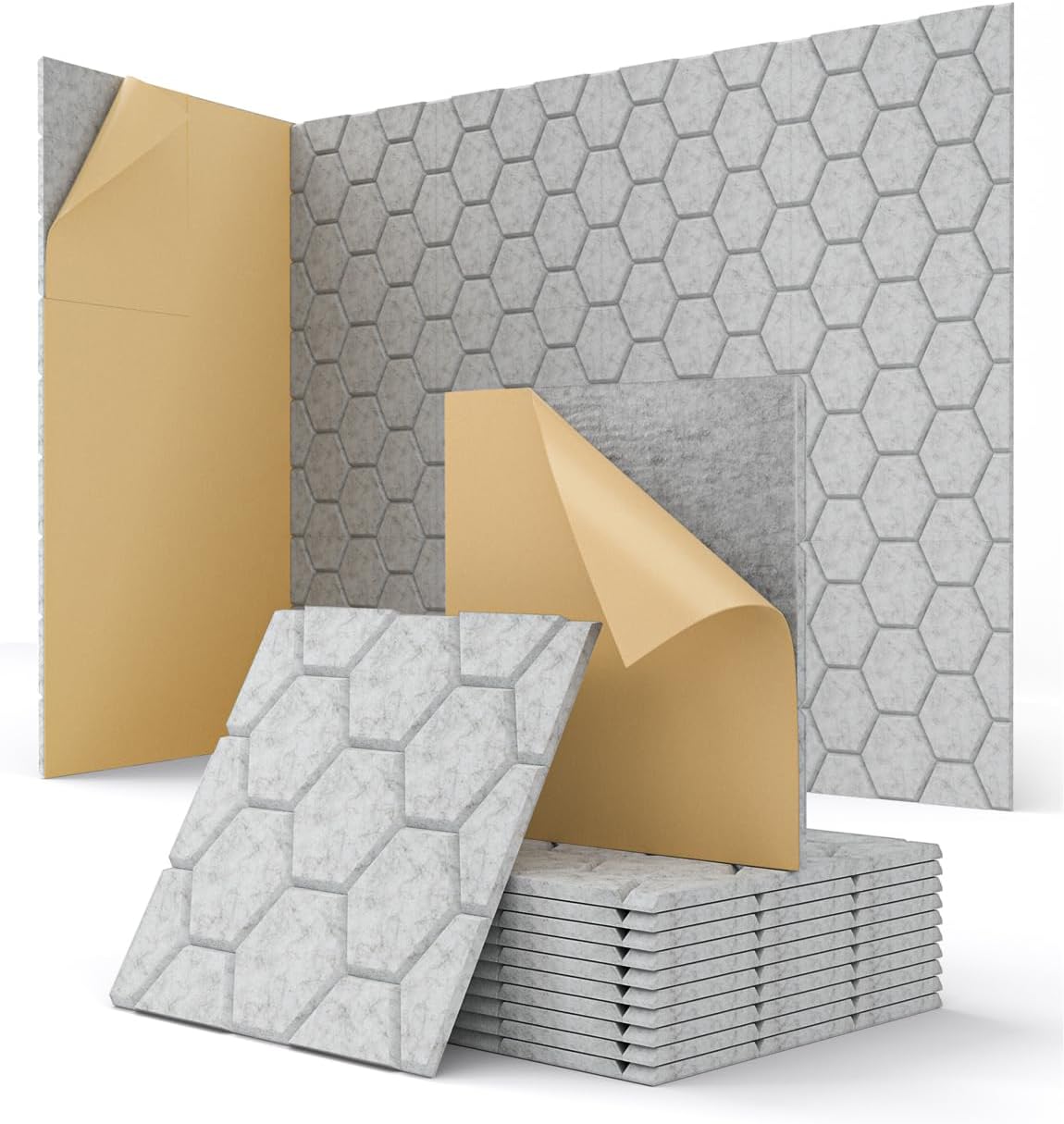 Acoustic Wall Panels Sound Absorbing, Honeycomb Self Adhesive Wall Tiles Panel, 12 Pack Decorative Hexagon Design for Studio, Home Office, Gaming Room, Acoustic Treatment, 12"x12"x0.4", Gray