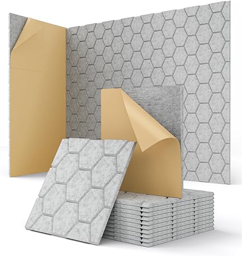 Paneles acústicos de pared absorbentes de sonido, panel de azulejos autoadhesivos de panal de abeja, paquete de 12 unidades de diseño hexagonal