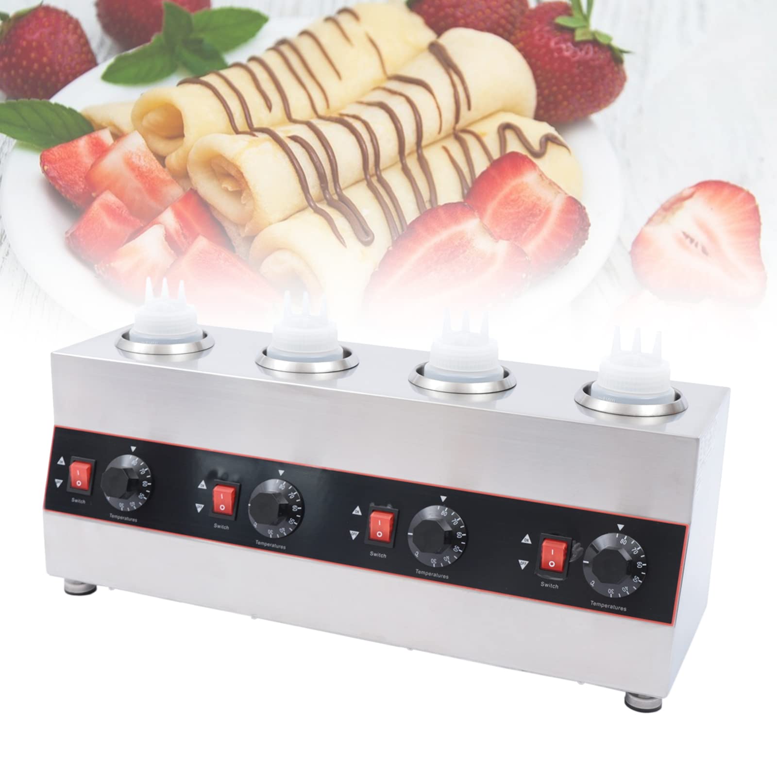 Calentador de salsa eléctrico, 640 W, calentador de salsa de queso comercial, 4 botellas, acero inoxidable, calentador de chocolate, calor de salsa, temperatura ajustable 30-85 °C, D2019-4