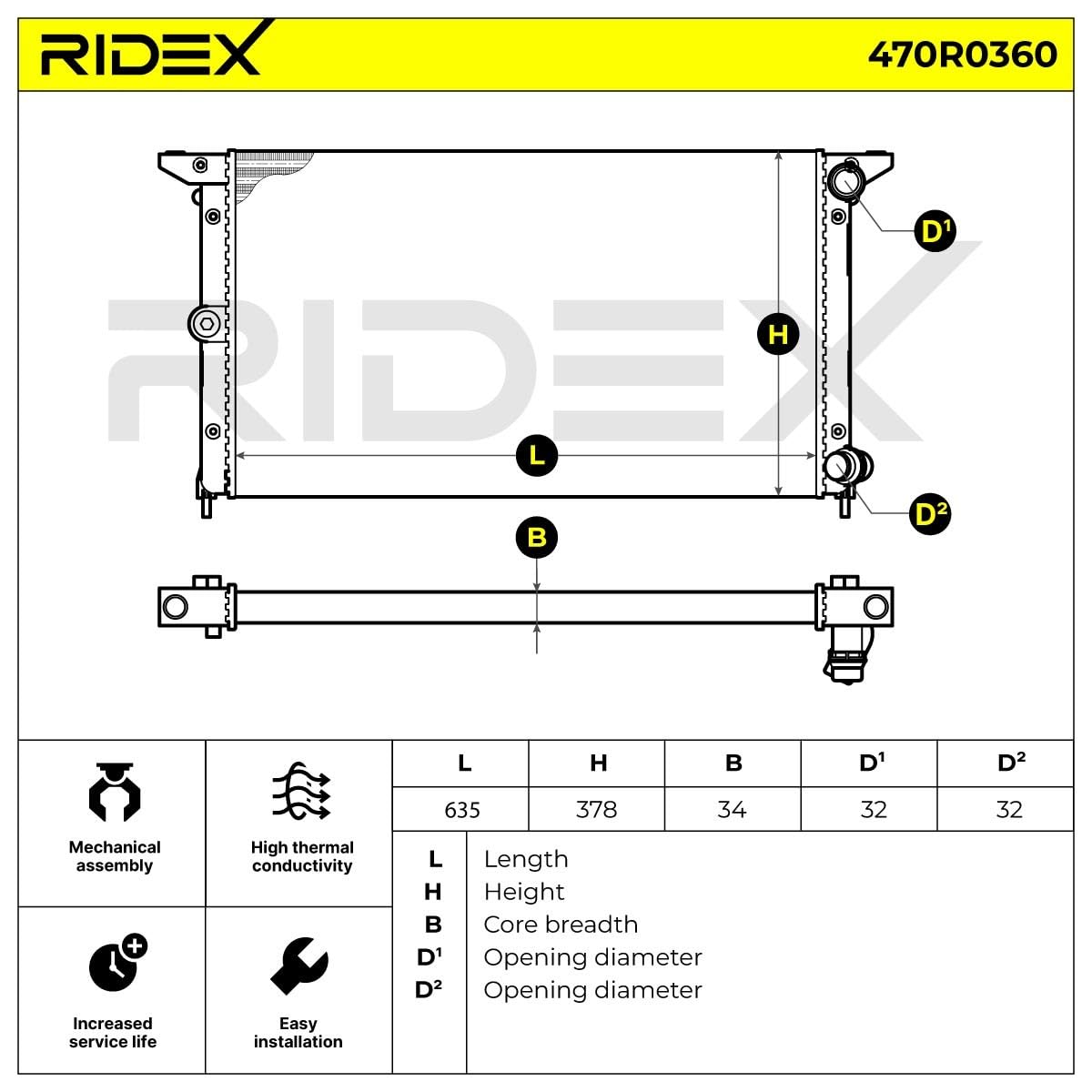 RIDEX 470R0360 Radiatore motore Compatibilità con VW SHARAN 7M8, 7M9, 7M6