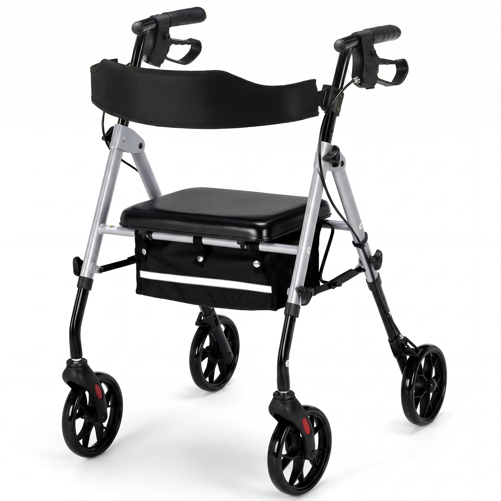 Andador para Ancianos, 4 Ruedas Andadores Adultos Plegable con Asiento | para Todo Terreno, Regulable en Altura Asiento y Mango de Altura, Frenos Manuales y Bloqueables, con Bolsa de Almacenamiento