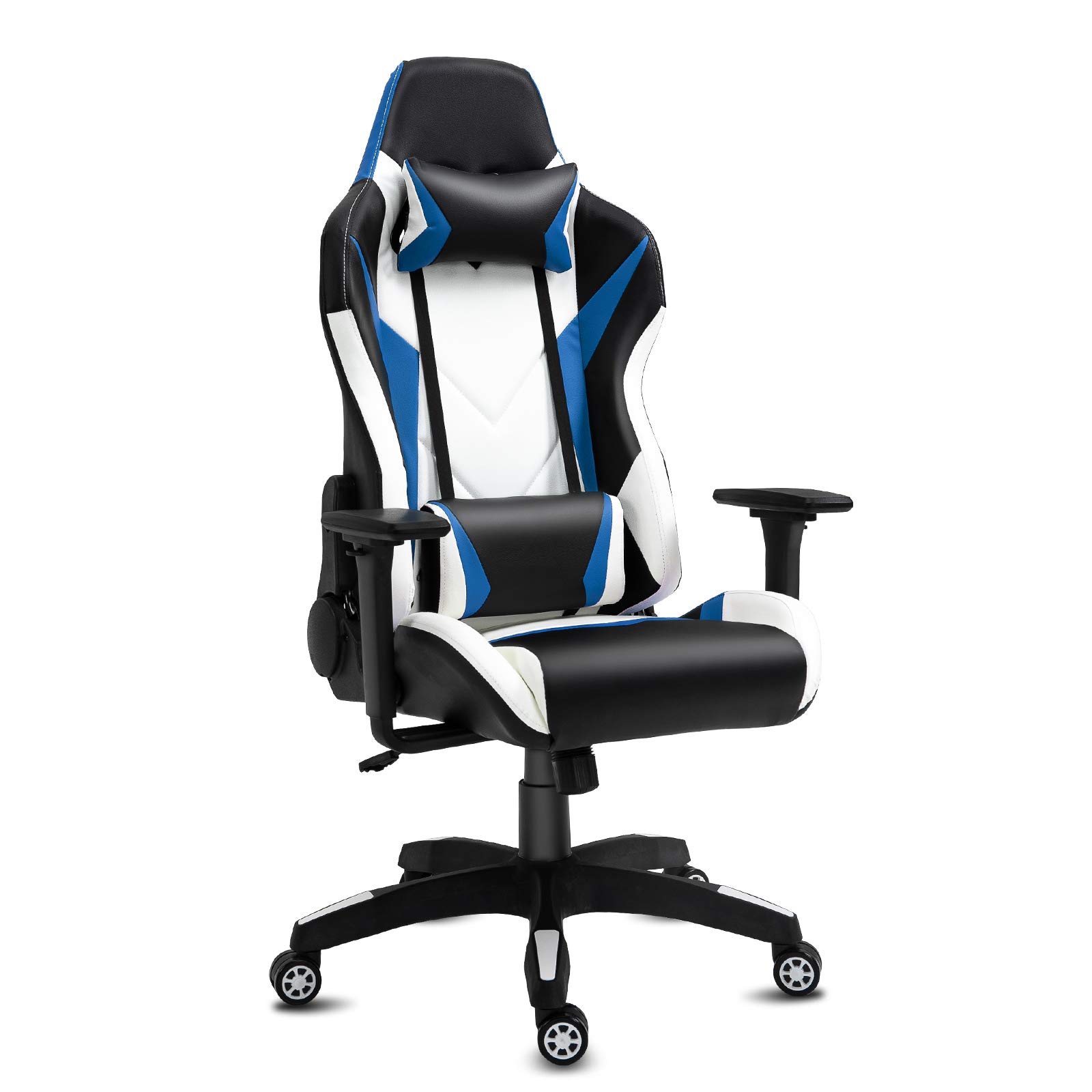 Ergonomic Racing Gaming Chair Swivel Recliner Office Desk Reclining Chair with Headrest Lumbar Support Adjustable Armrest Blue White