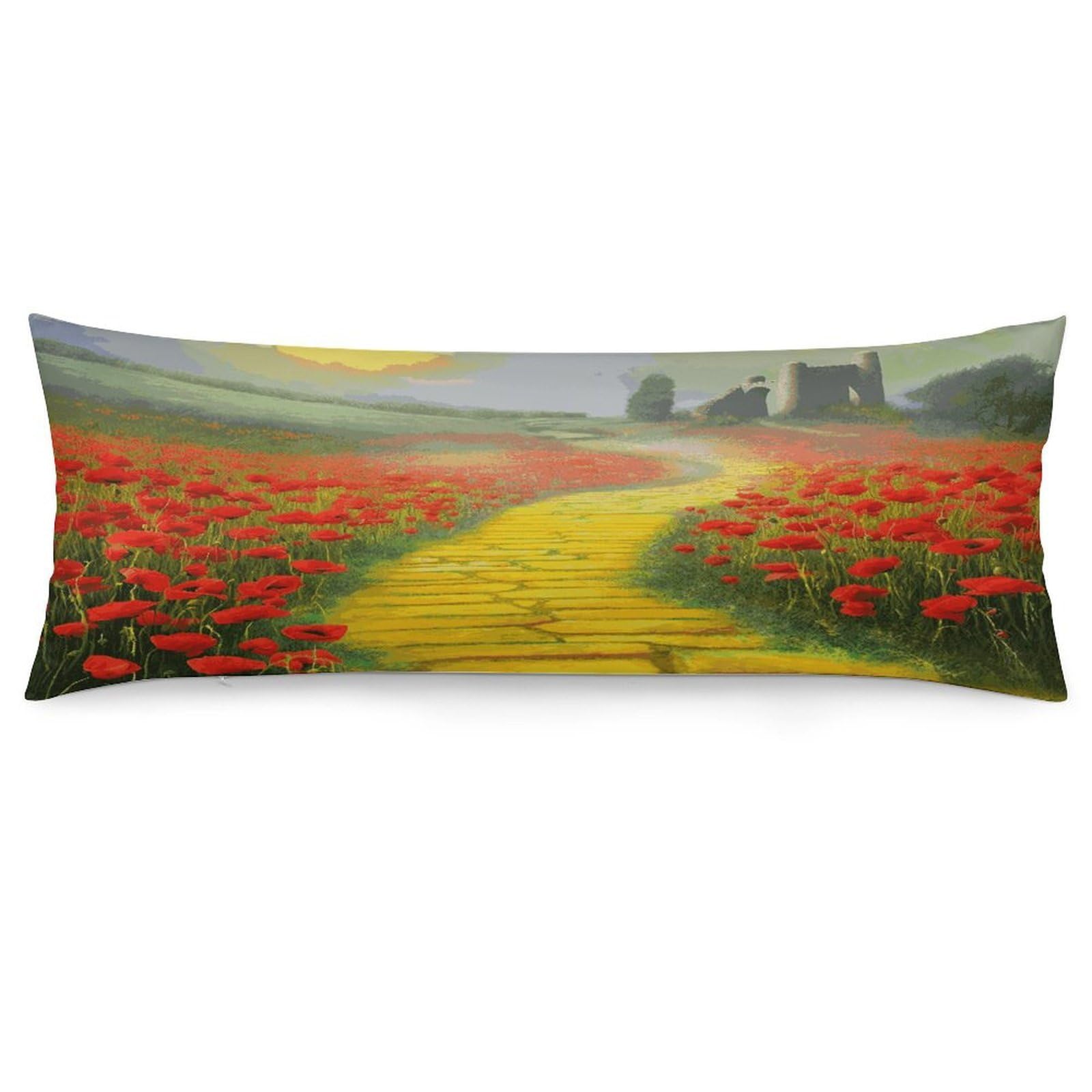 Poppies Field Yellow Brick Road Throw Pillow Cover Soft Lumbar Pillow Covers with Zipper Breathable Rectangular Cushion Case Polyester Pillow Case Decorative Body Pillow Cover for Couch Bed