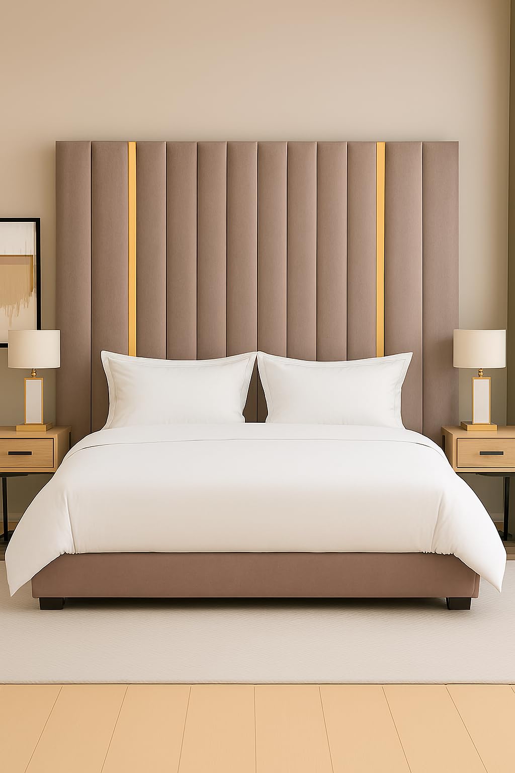 Spring Well Extra Tall Wall Mounted Upholstered Headboard,Clarance Plush Velvet Panelled Design with Gold Trim, Single, Double, King & Super King Sizes (Mink, 6ft-S.King-90cmTall)