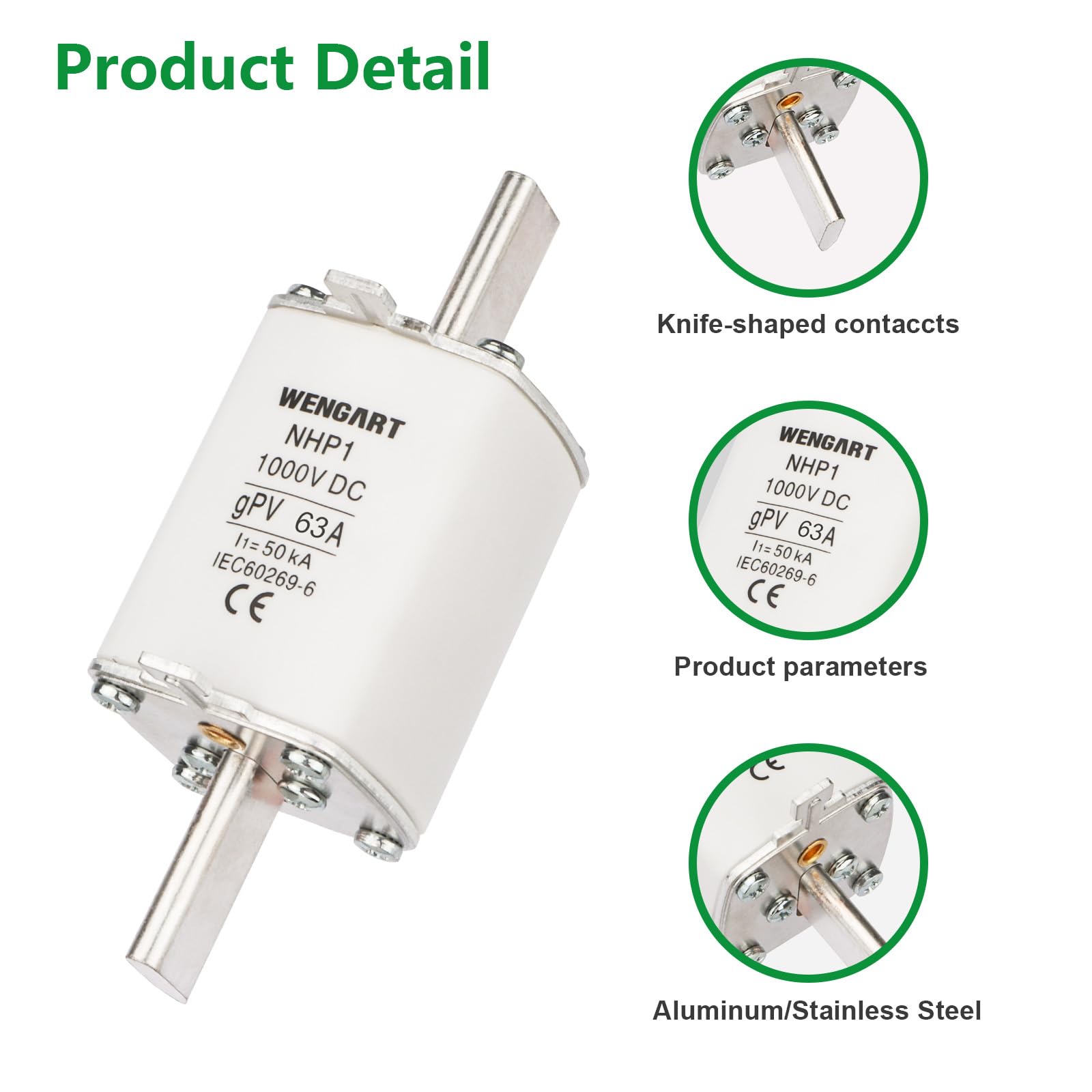 Wengart 3 Pezzi Fusibile DC NH1 gPV 63A 1000V, Protezione Fotovoltaica a Coltello per Inverter e Batterie, Potere di Interruzione 50kA, Classe gPV per Impianti Solari, NHP1