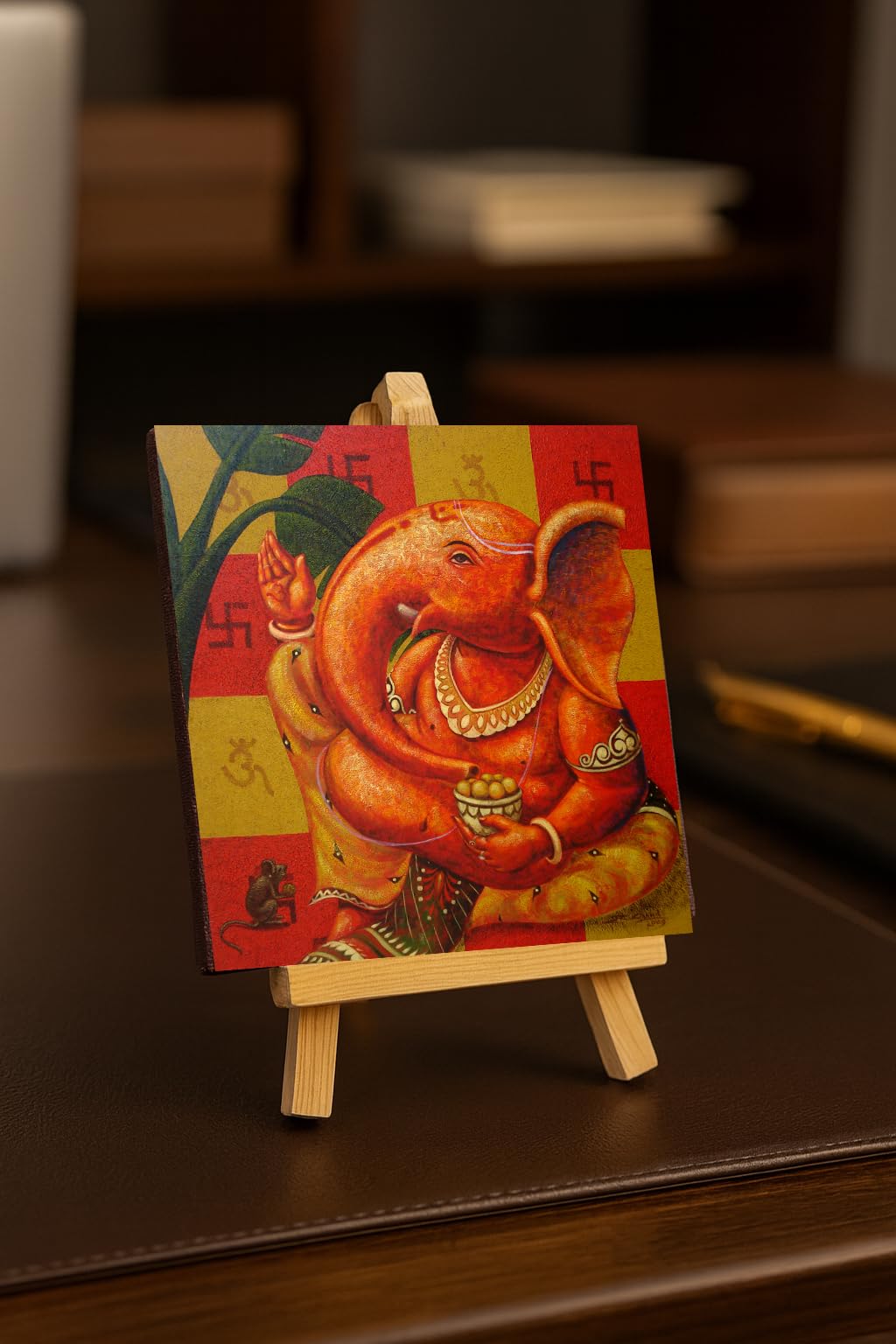 Ganesha Canvas Art Print with Wooden Easel, Painting Size- 4x4 inch, Esel Size- 6x3 Inch, Multicolour, Fine Art Painting, Table Décor, Matte Finish