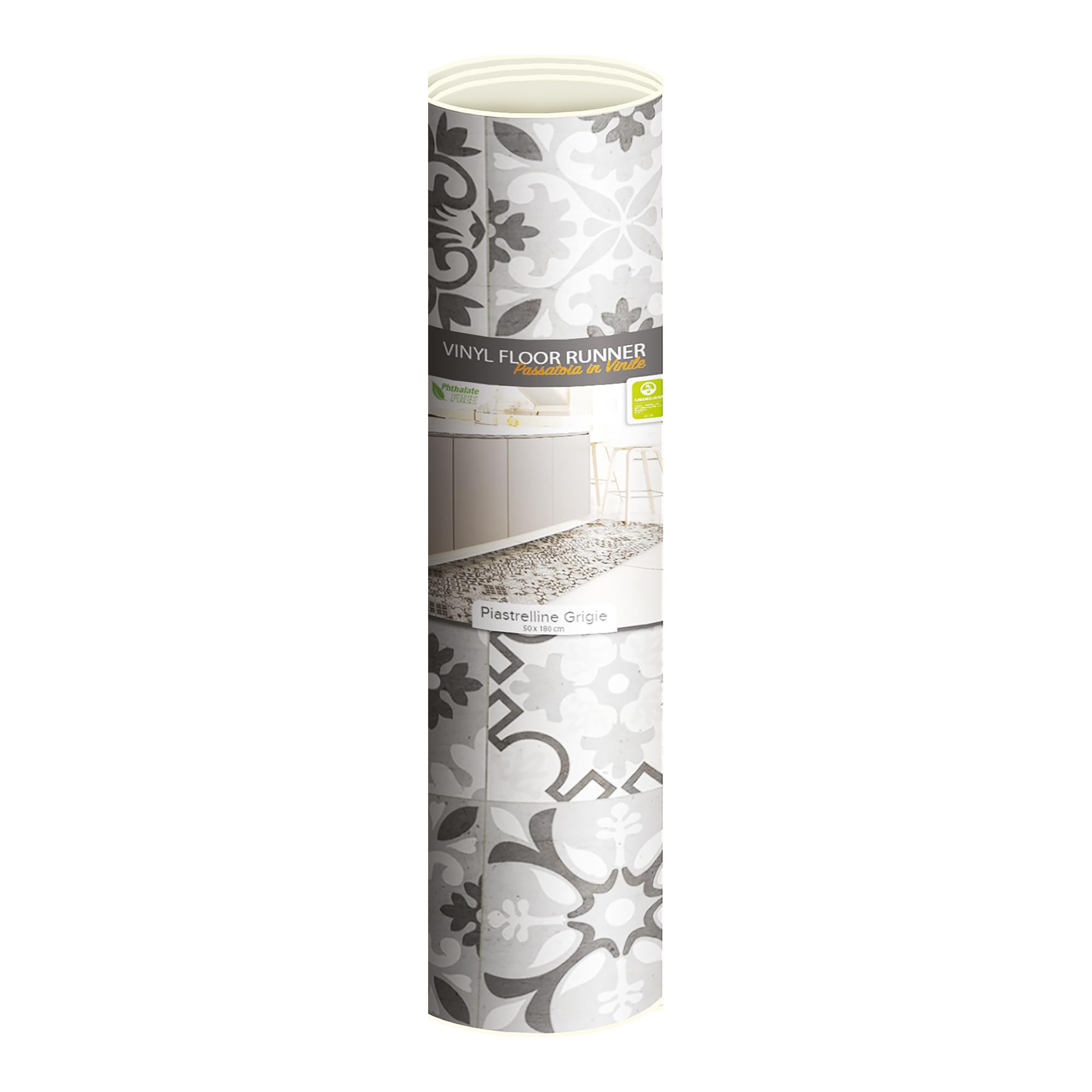 CREARREDA Tapis de Cuisine antidérapant tuiles Grises 180x50 cm Tapis de Protection de Sol en Vinyle 100% fabriqué en Italie, avec Encre Non Toxique, Ignifuge et résistant à l'eau