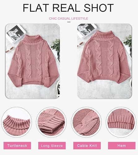 Dokotoo WG5W270034-10-M Womens Winter Fall Oversized Turtleneck High Neck Long Sleeve Cable Knit Chunky Sweaters Pullover Outerwear Pink M thumb #4