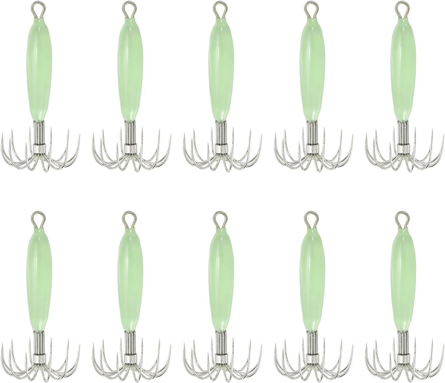 PATIKIL 12g Luminous Squid Jig Hooks, 10 Pcs Cuttlefish Sleeve Saltwater Fishing Lures Bait Jig Glow in Dark with 12 Stainless Steel Needles, Green