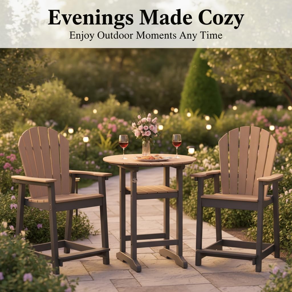 OTSUN Outdoor Adirondack Round Bar Table, 32“ Height Patio Large Pub Table for 4, All Weather Counter Height Double-Decker Table with Built-in Footrest for Outside Deck Porch Balcony Poolside