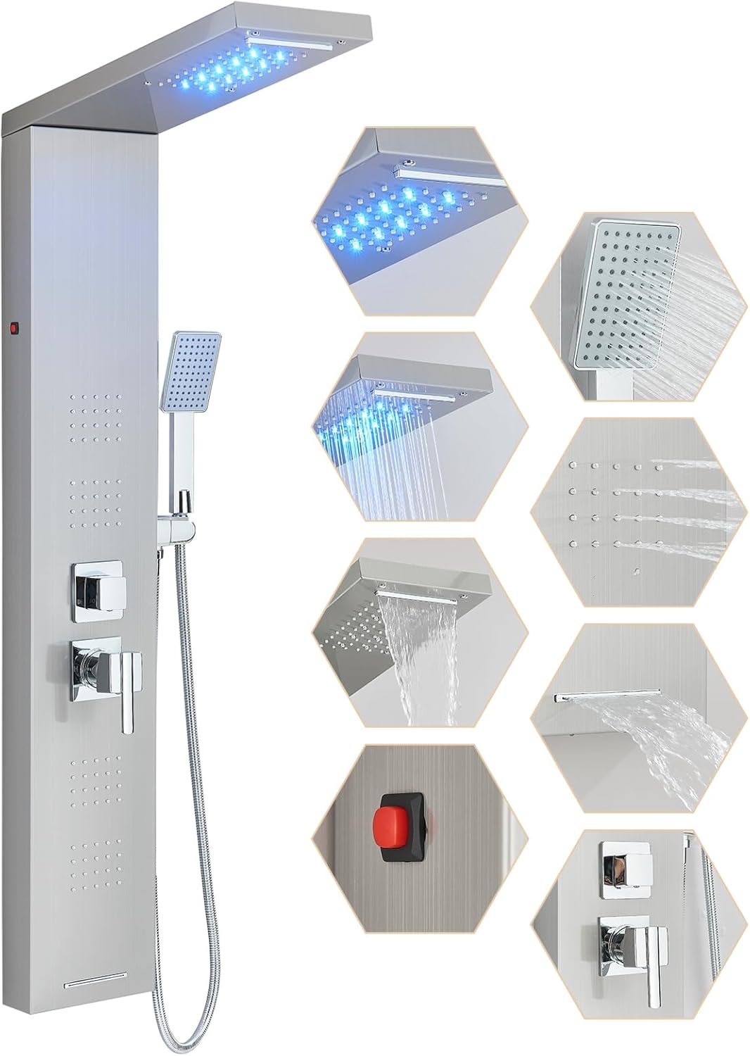 Contemporary Shower Panel Wall Mounted Shower Tower with LED Shower Head Large Body Jets Stainless Steel Shower Panel Tower System, Brushed