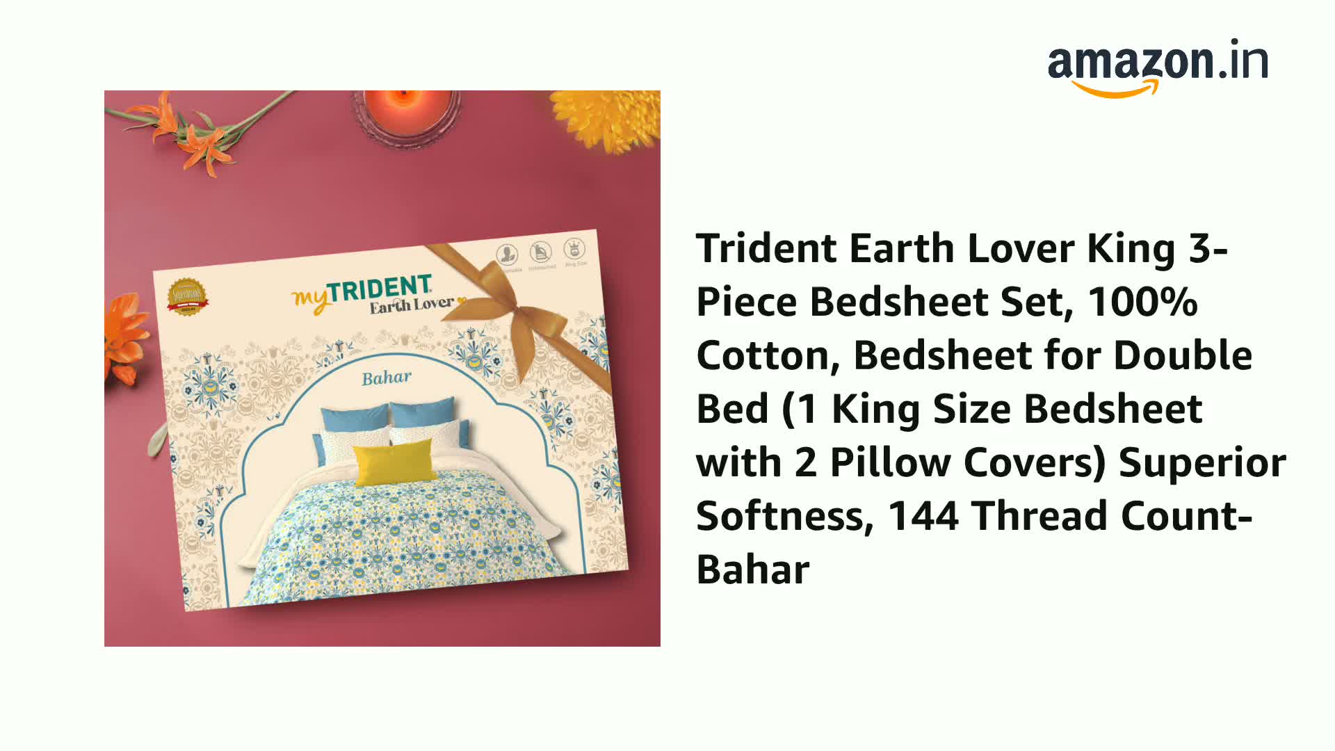 TRIDENT Earth Lover King 3-Piece Bedsheet Set, 100% Cotton