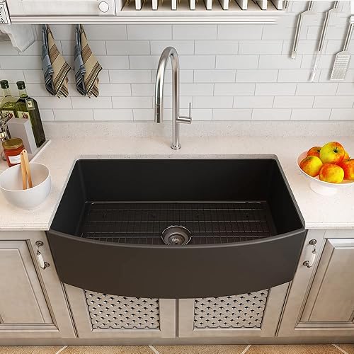 Miniatura 2 de Mondawe Fregaderos de cocina de granja de 33 pulgadas, fregadero de granja negro de arcilla refractaria, fregadero de granja frontal curvado,