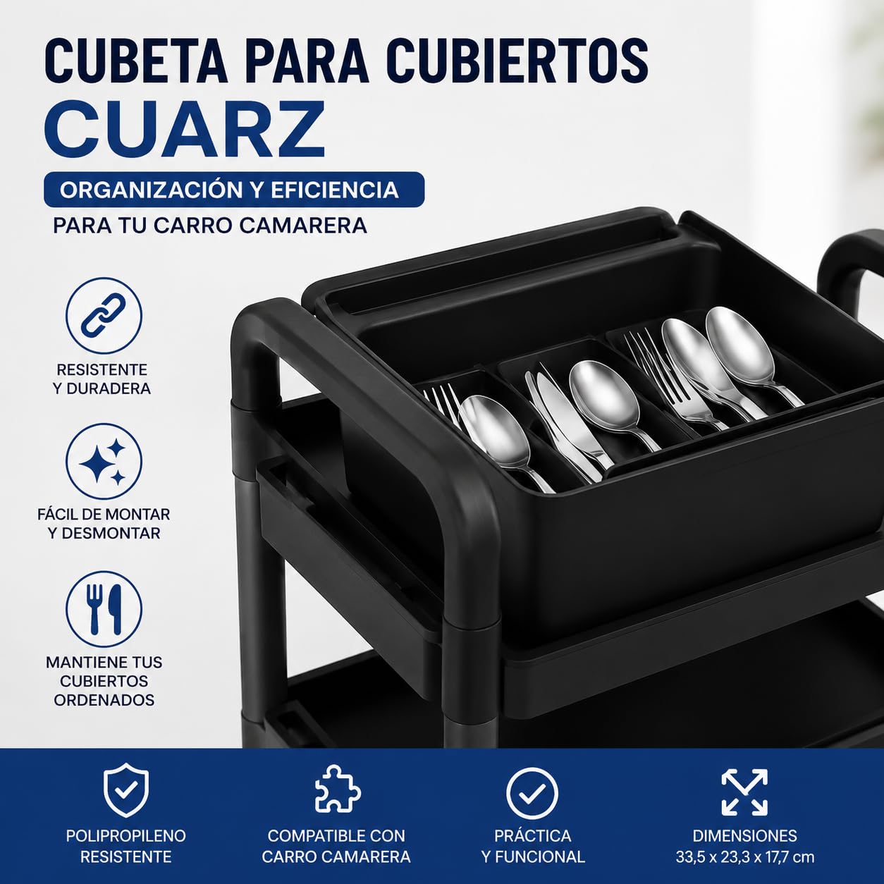 Cubeta para Cubiertos Cuarz para Carro Camarera | Accesorio Desmontable para Utensilios | Polipropileno Resistente | 33,5 x 23,3 x 17,7 cm | Hostelería Profesional
