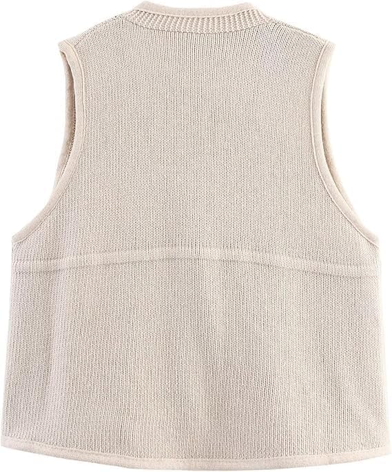 Knit Vest, Beige, Sleeveless Cardigan with Pockets, Button Front, V-Neck