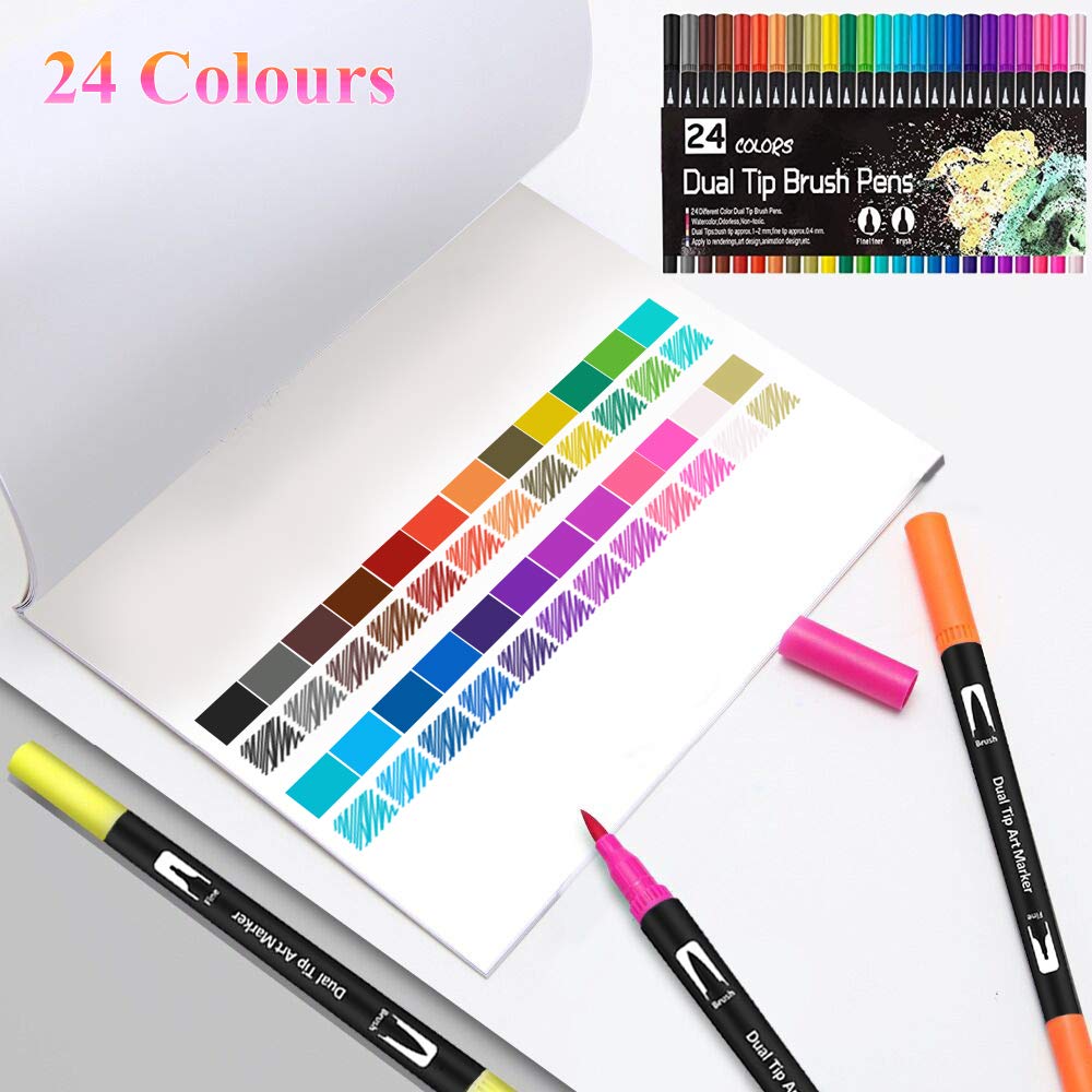 VAKKI Pennarelli a Doppia Punta, Penne da Colorare 24 colori Pennarelli con Punta Fine da 0.4mm e Punta brush per Disegno, Colorare, Calligrafia, Manga, Pittura Belle Arti