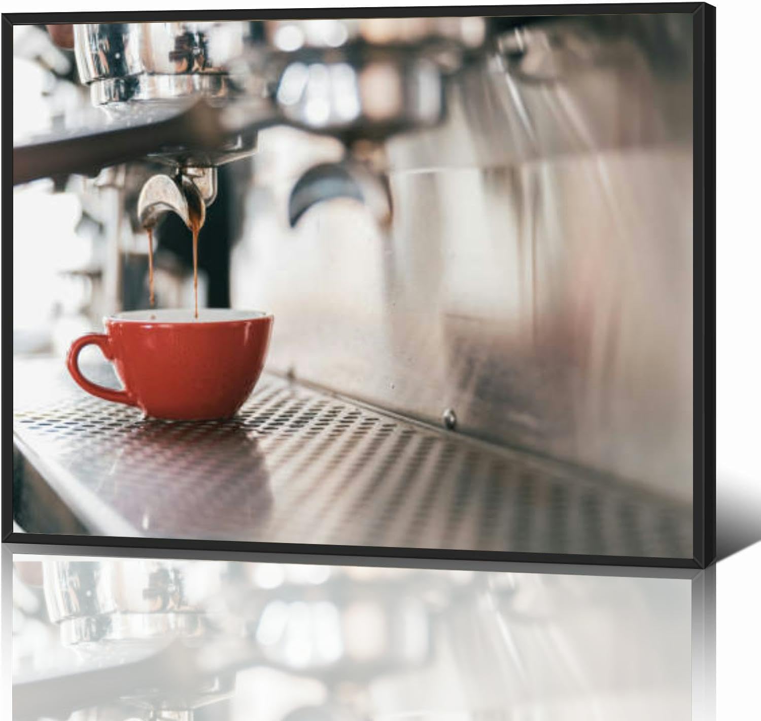 Close up view preparing coffee espresso automatic coffee machine cafe Black Framed Canvas Wall Art for Living Room Bedroom Kitchen Bathroom Prints Pictures Wall Decor Posters Painting Artwork 12x16