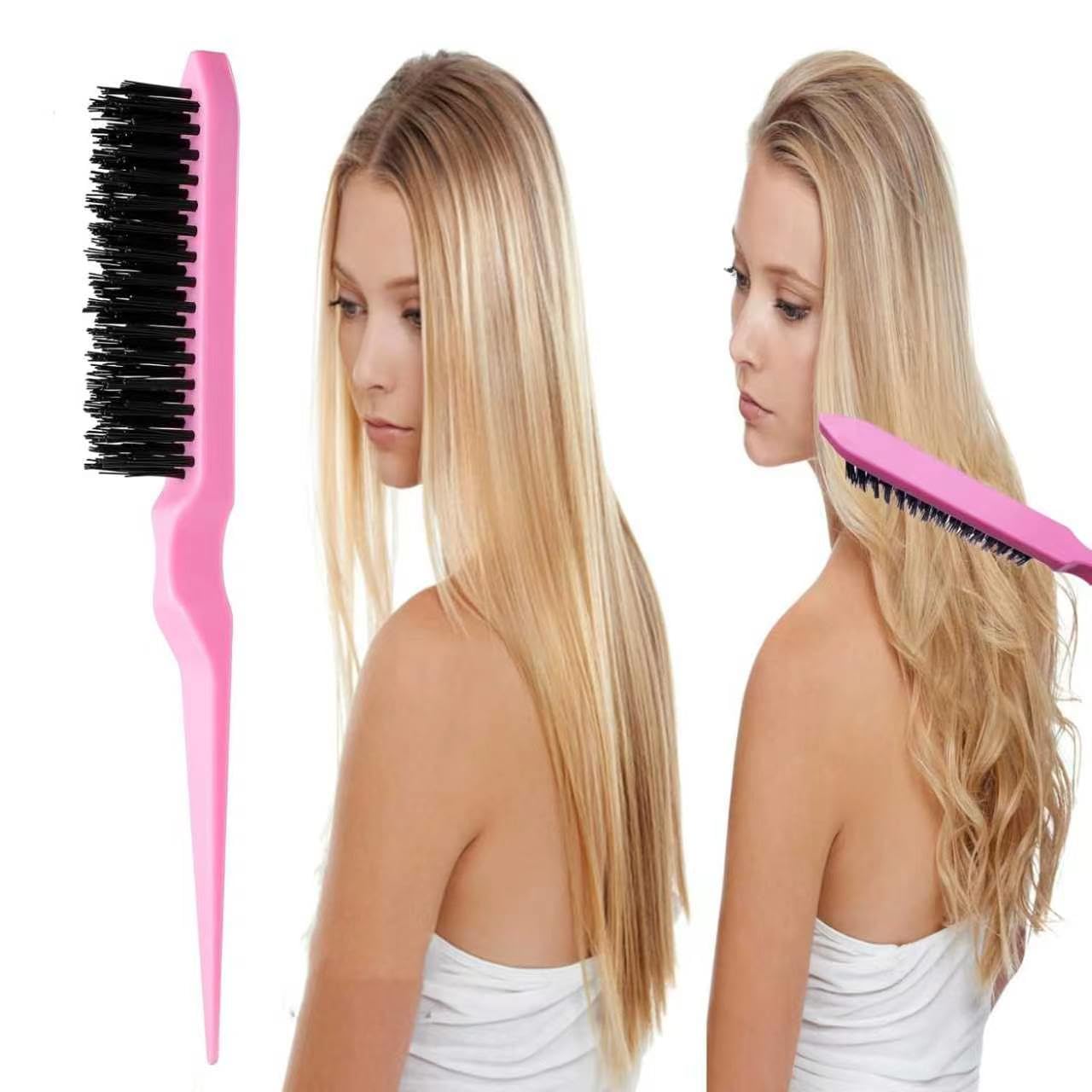ZVOREI 5pcs Boar Bristle Slick Back Hair Brush Set, Pink view 2