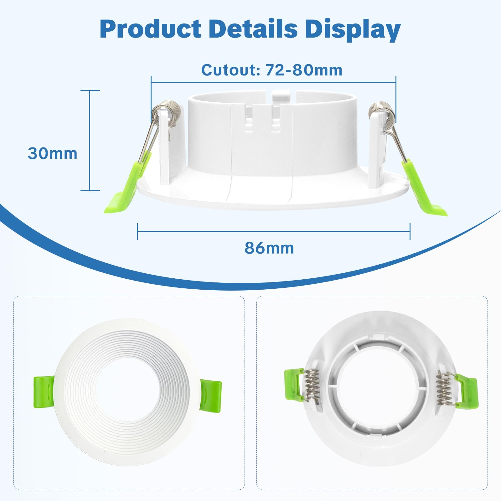 Set da 4 Supporti per Faretti da Incasso GU10 con Portalampada GU10, Bianchi, Design Antiabbagliamento, Per Fori da 64-82 mm, Cornice da Incasso per Soffitto, Lampadine Non Incluse