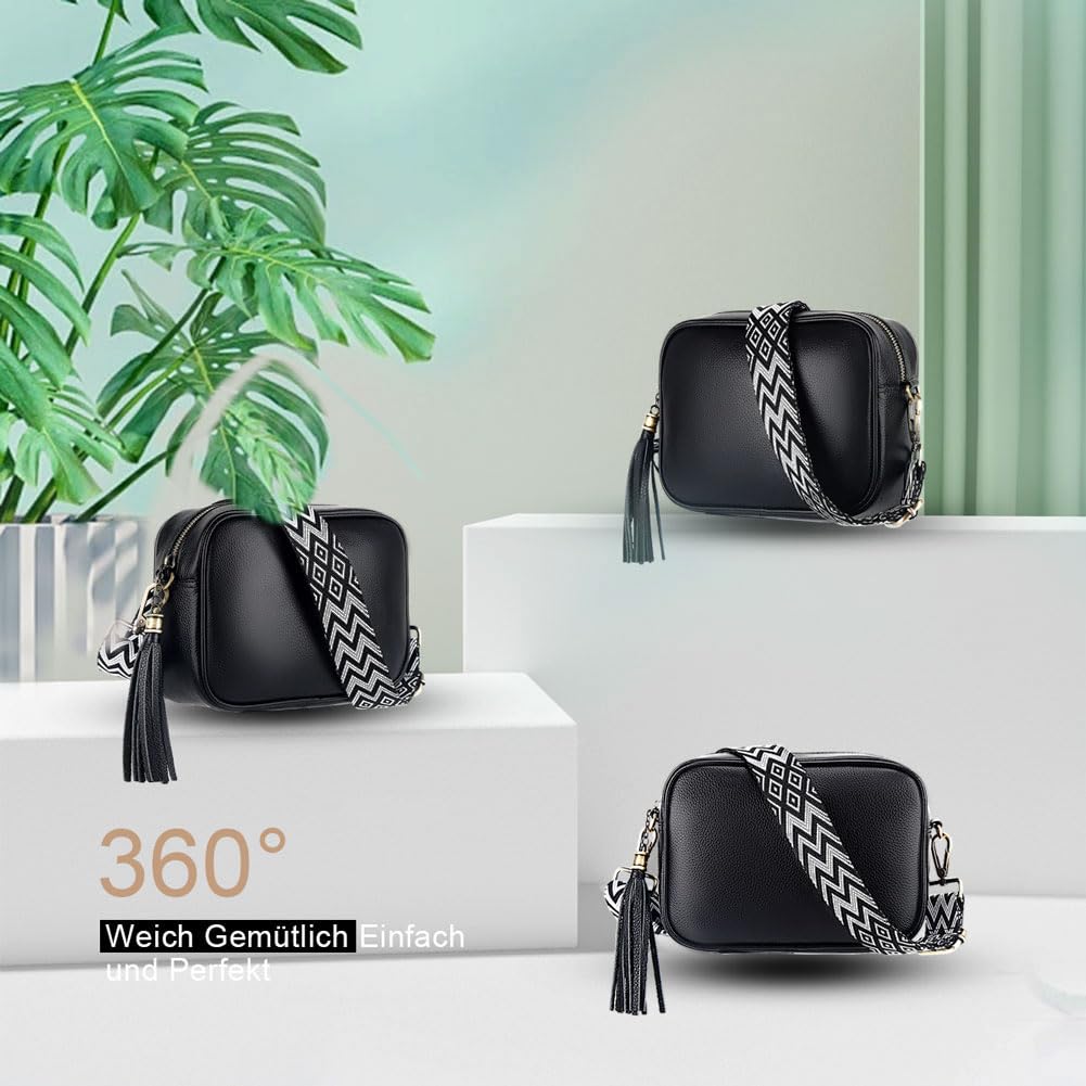 Leathario Borsa a Tracolla in Vera Pelle da Donna Piccola, Borsello a Spalla Donna con 2 Cinturini, Tracolla Larga Decorata e Tracolla a Catena Elegante Nero