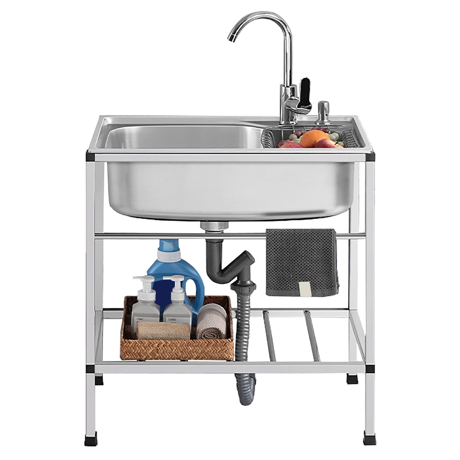 Évier Utilitaire Monobloc en Acier Inoxydable, autoportant, avec Robinet mitigeur Eau Chaude/Eau Froide, pour Cuisine Professionnelle, intérieur/extérieur, idéal pour Garage, ateli