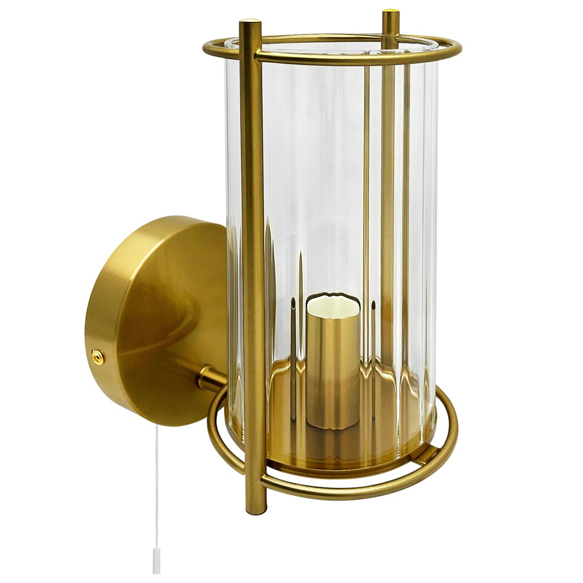 Long Life Lamp Company Antique Brass Wall Light with Ribbed Clear Glass Shade, Pull Cord, Industrial Style Sconce BW19