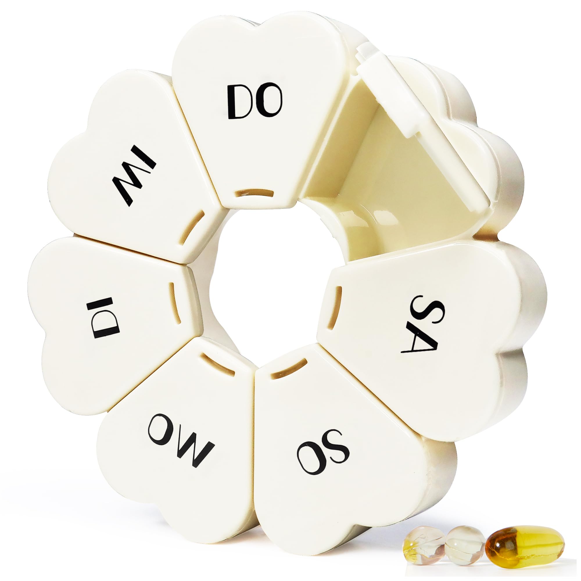 MOLN HYMY Niedliche wöchentliche Pillendose, 7 Tage, runde Pillendose mit Blumenmuster, 1 mal pro Tag