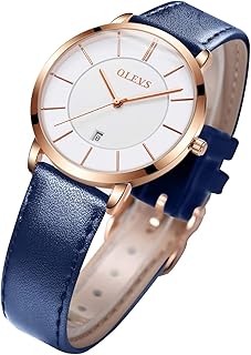 腕時計 レディース ブルー おしゃれ うで時計 時計 防水 超薄型 女性用 革ベル トブランド 革 アナログ 小さい シンプルな文字盤 が見やすい ファッション 薄い 薄型軽量 高校生 watch for women ladies watch OLEVS (青いベルト+白い文字盤)
