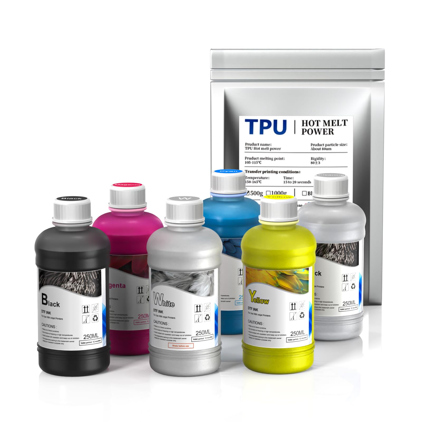 DSV DTF Ink for DTF Heat Transfer Film Printing Direct to Film, Refill for DTF Printers Epson L1800, L800, R2400, XP-15000, P400, P800（5 * 250ML CMYKW）