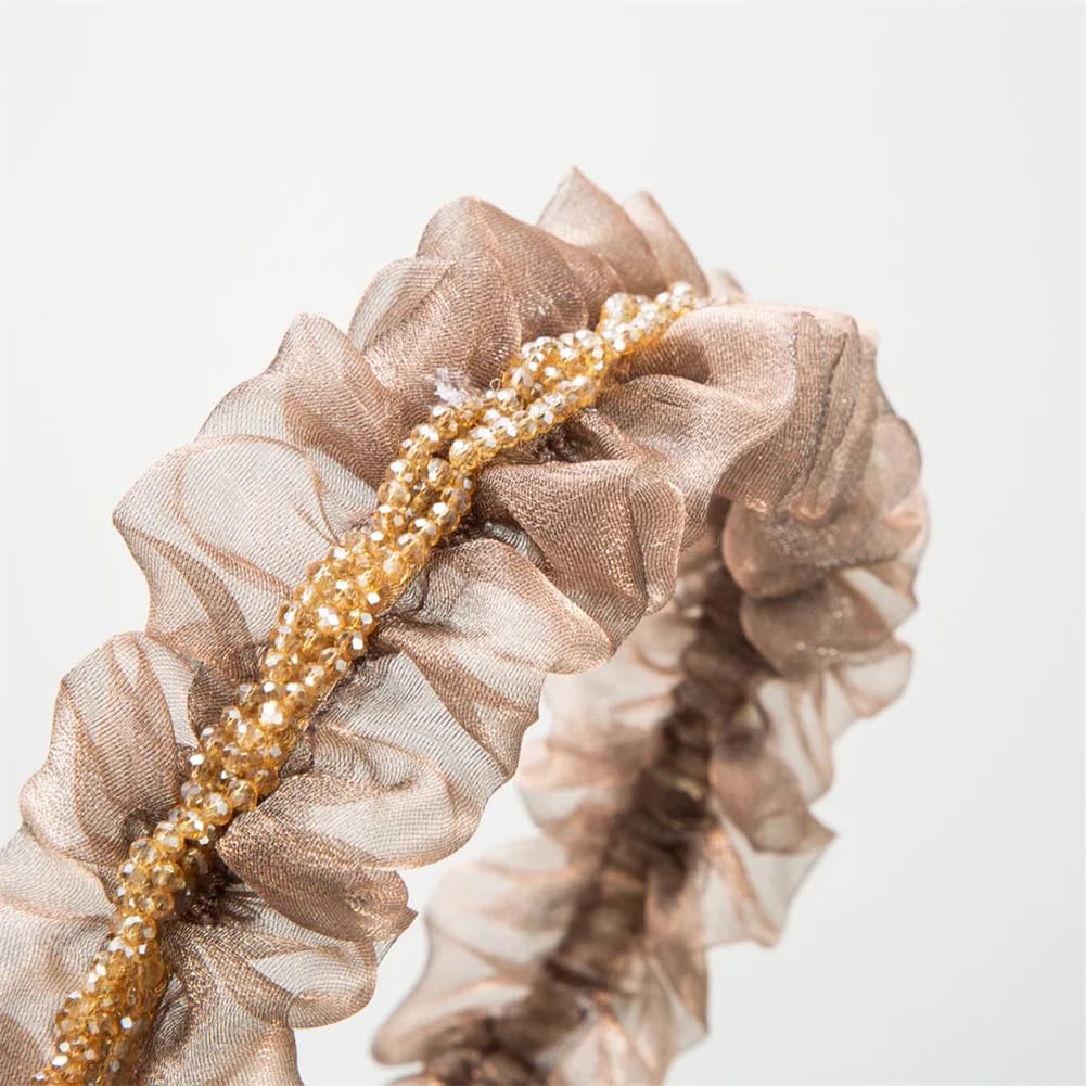 Diadema trenzada, diademas, mujeres niñas Organza plisada ala ancha banda for el cabello trenza con cuentas diadema fiesta bandas for la cabeza(Light Coffee)