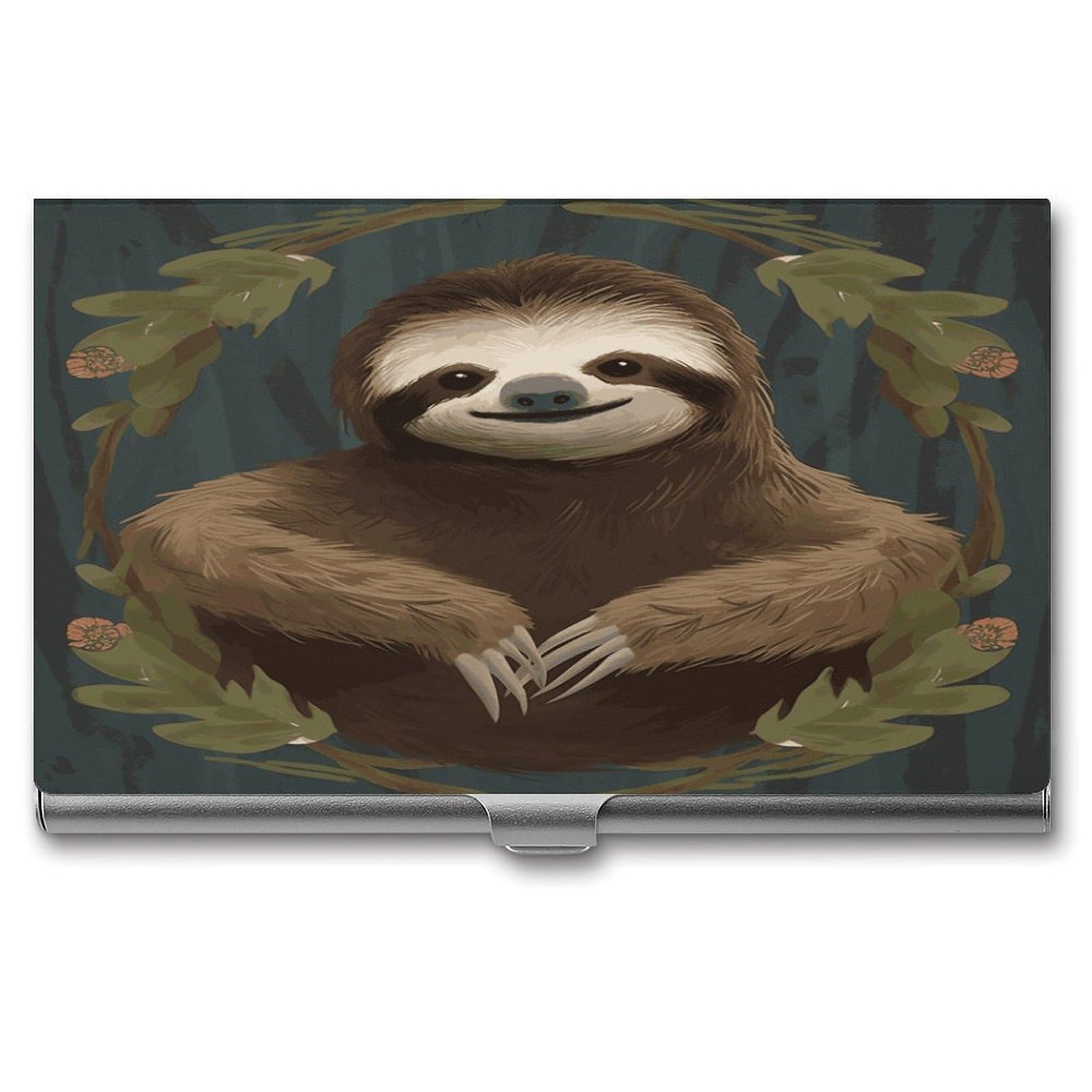LDGSUPH Sloth Business Card Holder Fashion Slim Name Card Holder Minimalist Design Case Metal Card Carrier Personalized Business Card Case with Flip for Men Women