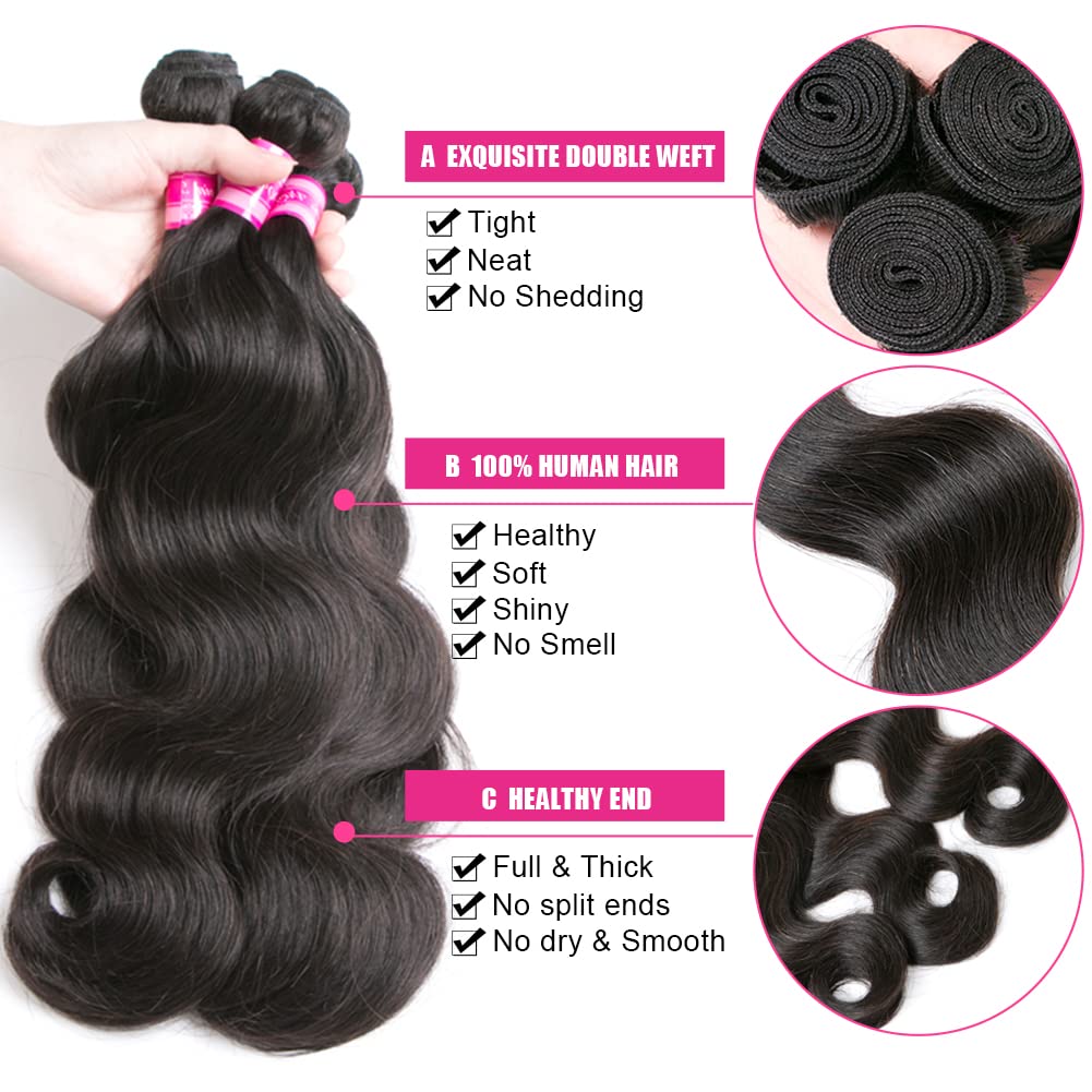 Beauty Queen 4 Bundles Body Wave (22 24 26 28 Inch) Human Hair 100% Unprocessed Weave Raw Hair 10A Brazilian Virgin Hair Bundles Natural Black Color Hair Extensions For Women