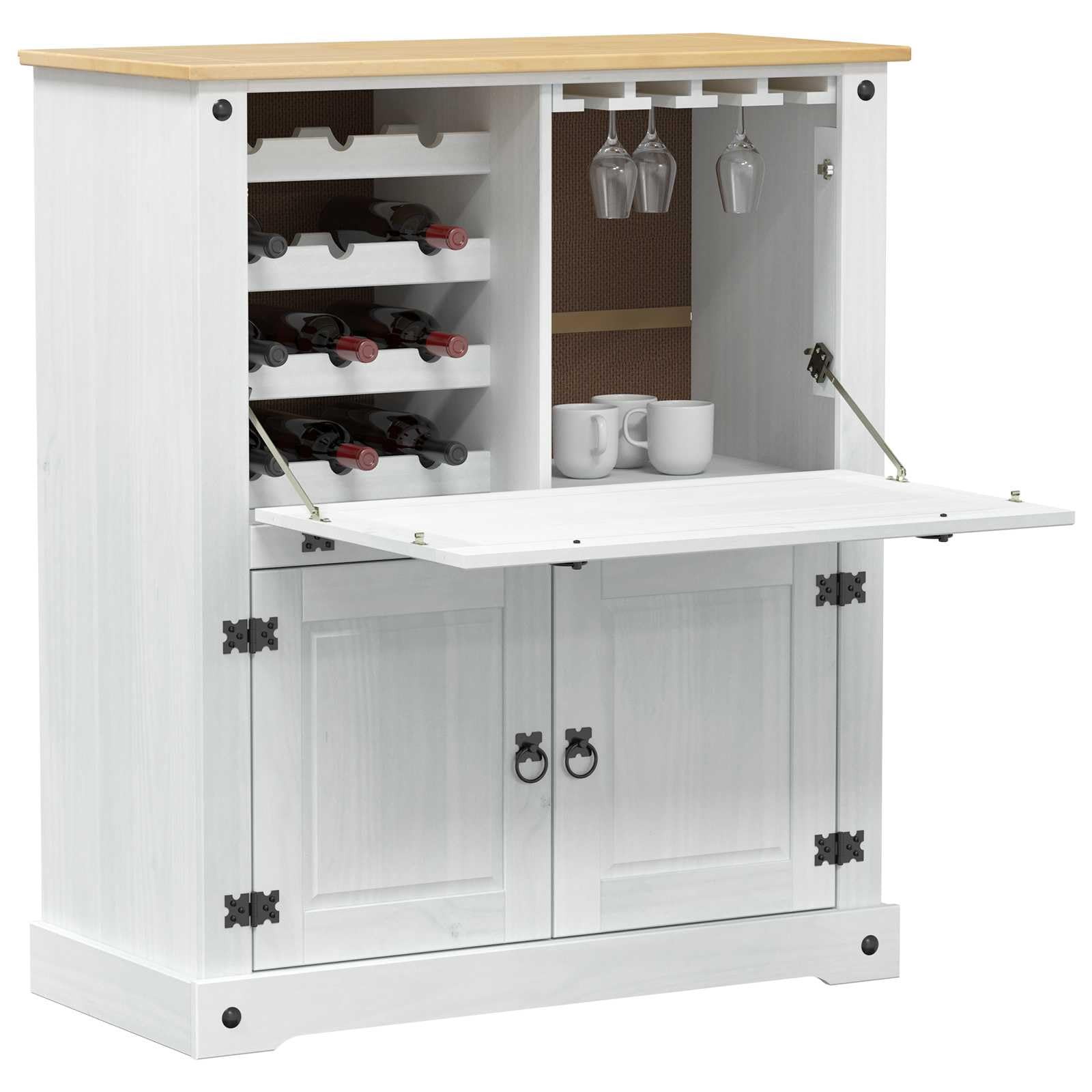 Szafka na wino biała z litego drewna sosnowego, 97 x 45 x 114 cm, z dużą ilością miejsca do przechowywania, rustykalnym urokiem, matową powierzchnią do salonu, jadalni i baru domowego