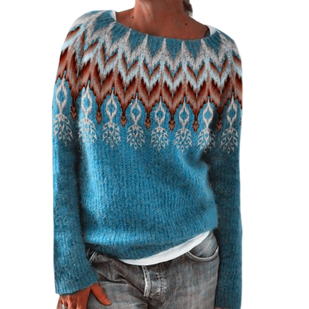 Bengbobar Fair Isle Sweater Womens Pullover Argyle Vintage Winter Fall Casual Boho Knit Tops Crewneck Long Sleeve Blouse