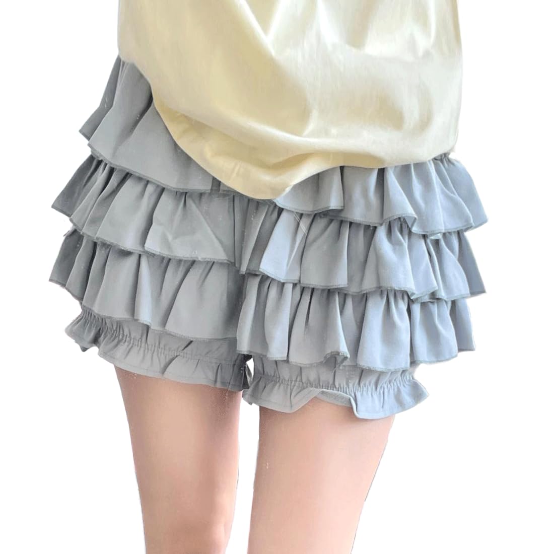 FENXIXIONE Harajuku Y2k Lolita Bloomers Shorts Goth Kawaii Fashion Gothic Clothes Elastic Waist Cute Lace Trim Tiered Short Skirt (Blue,XL)