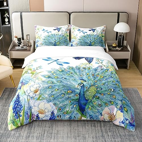 Peacock 100% Cotton Duvet Cover Set Single Hummingbird Dragonfly Comforter Cover Flower...