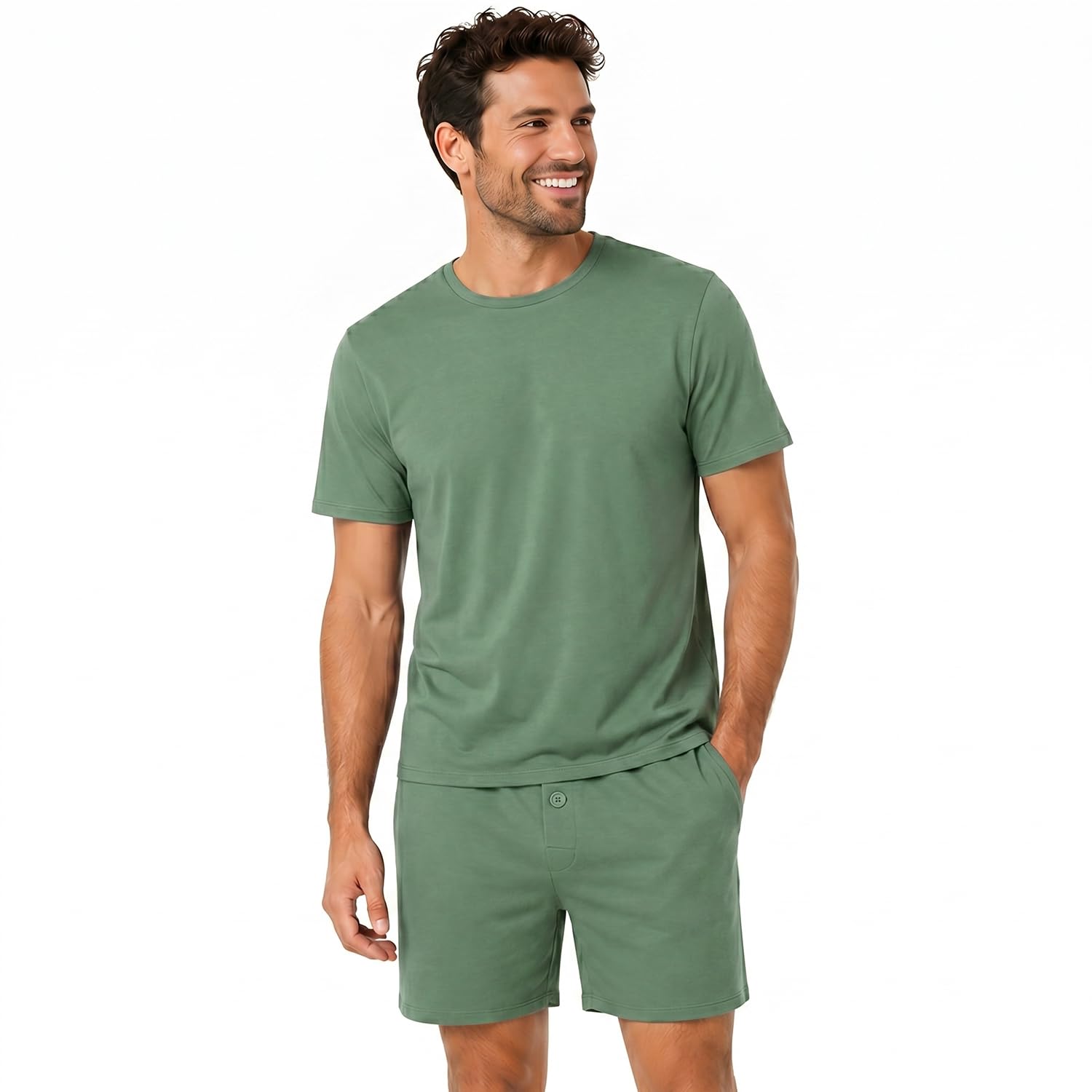 Light & Shade Men’s Cotton Pyjamas Set with Shorts & T-Shirt Breathable Lightweight Summer Nightwear with Pockets Comfortable Men’s Loungewear (Green, M)