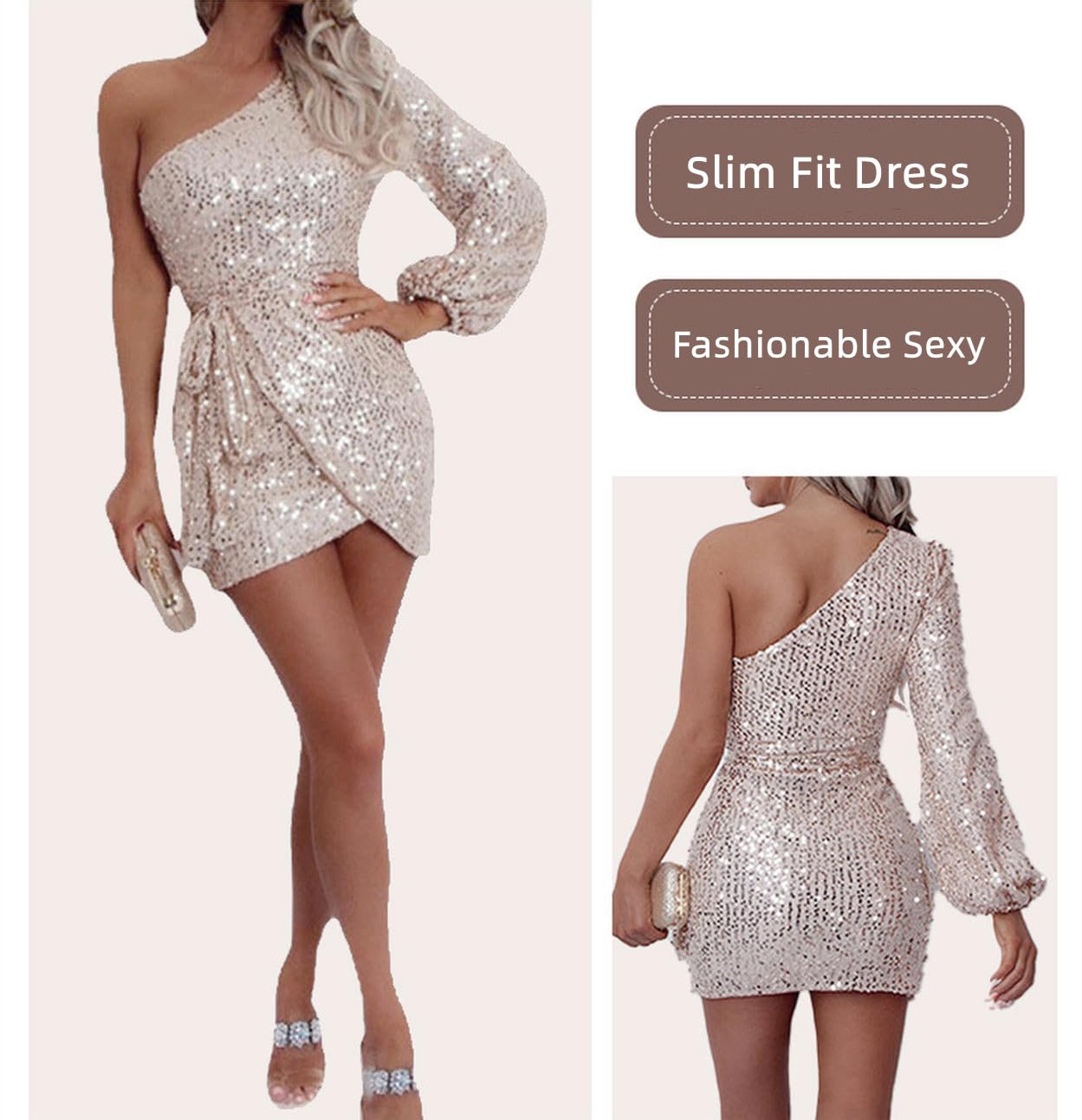 Abiti da Donna Abito da Donna con Paillettes Pausa Spalla Obliqua A Maniche Lunghe con Paillettes Abito Irregolare Abbigliamento alla Moda Sexy Elegante Gonna Corta