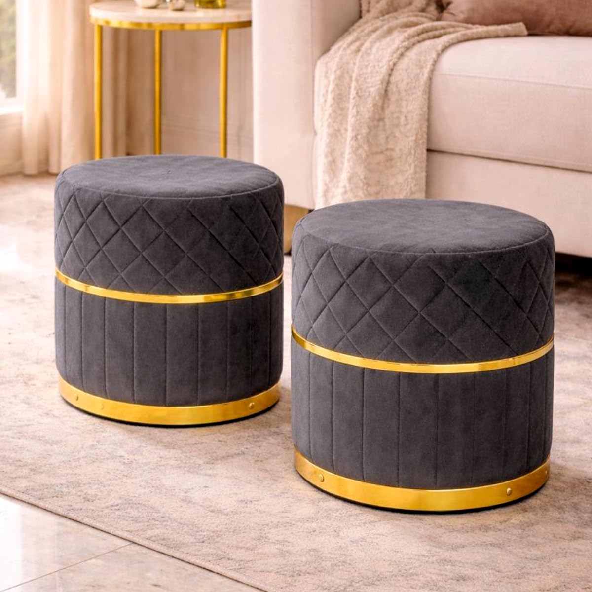 Premium Velvet Puffy Ottoman Stool for Living Room, Bedroom and Dressing Area | Round Footrest with Diamond Quilting and Gold Base | Soft, Stylish and Durable Seating (Set of 2 Grey)