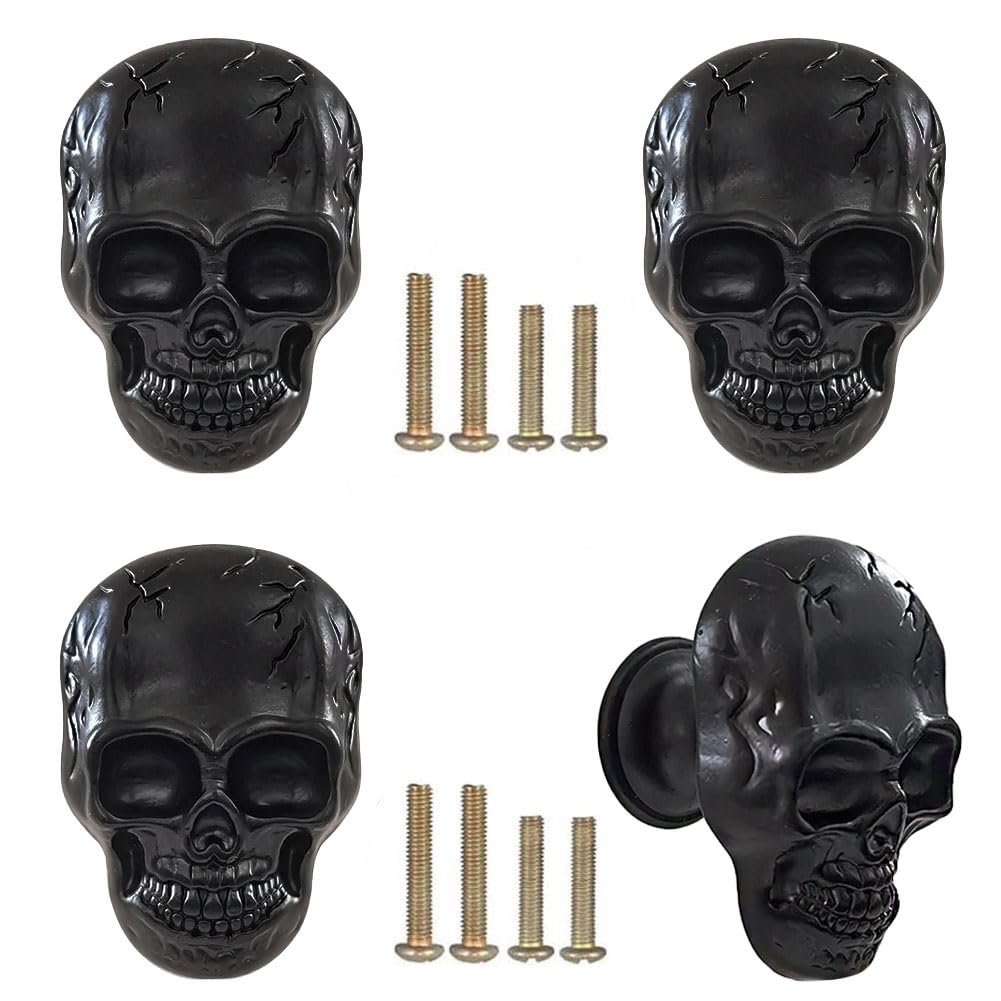 Hetyskluy Black Skull Knobs 4PCS, Skull Cabinet Knob Pulls, Vintage Skeleton Drawer Knobs, Single Hole Knobs for Dresser Armoire Bookcase Closet
