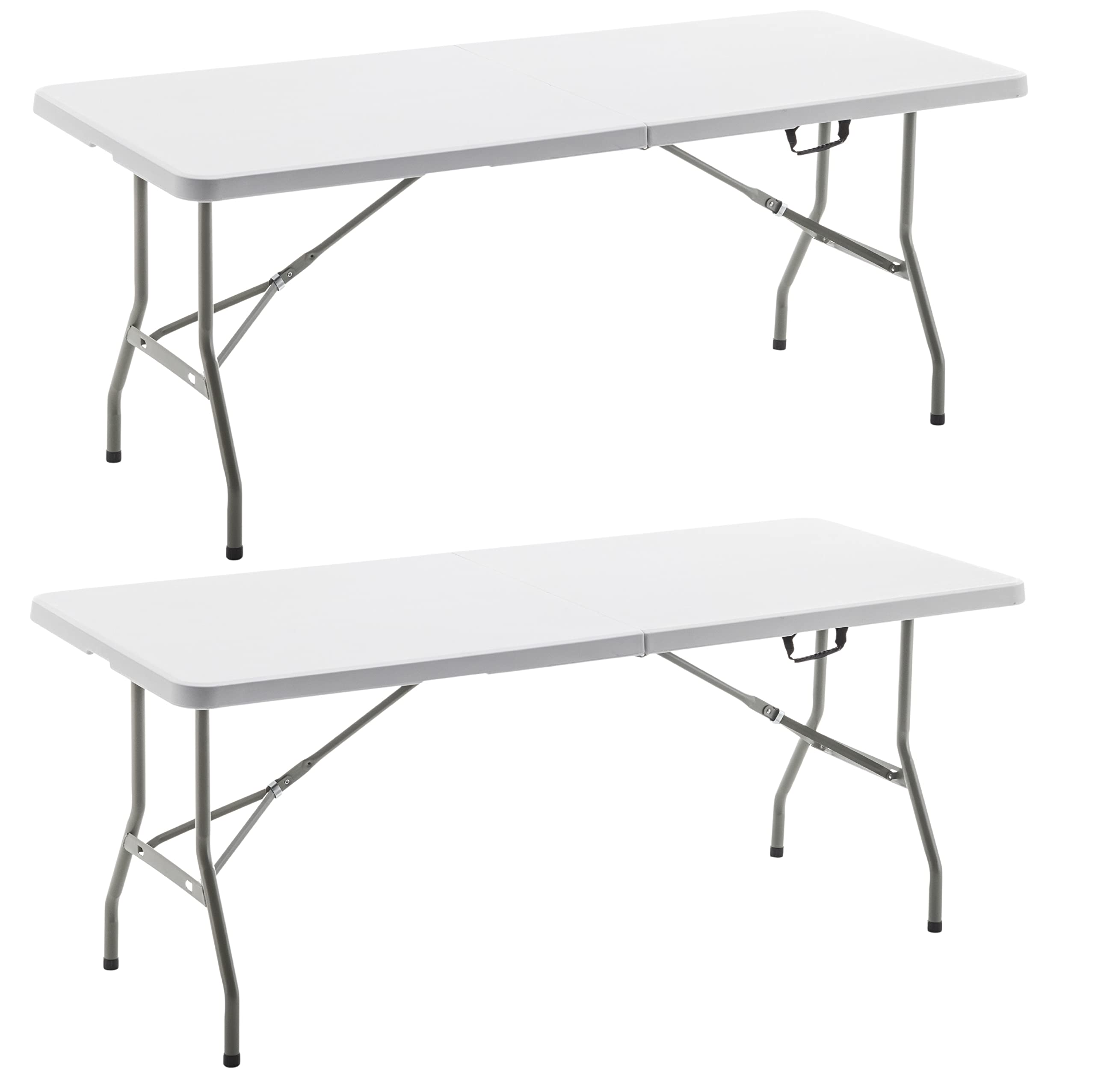 BTExpert Set of 2, Fold-in-Half Folding Utility Table 6 Feet 72"x 29.5" Lightweight Portable Carrying Handle Indoor Outdoor Picnic Camping Office Home Party Wedding Event Easy Clean Store Care White