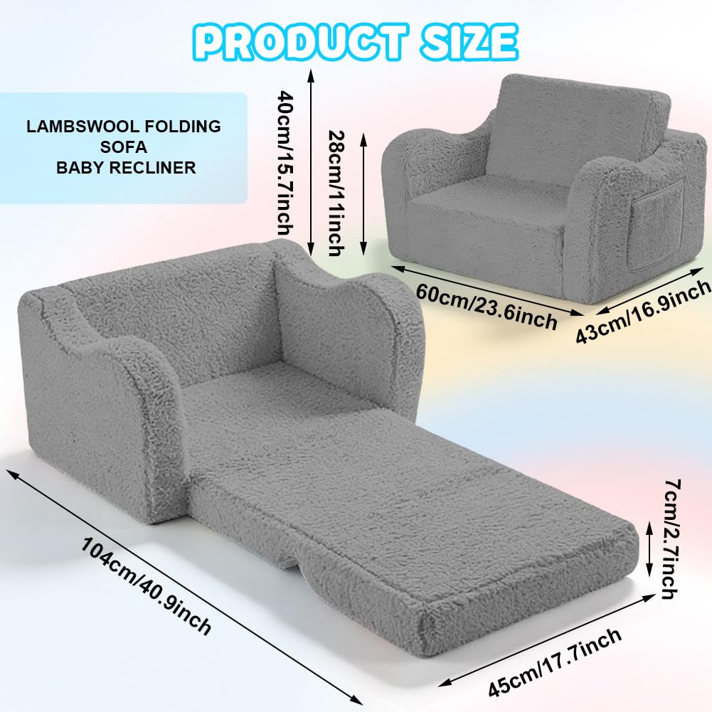Kindersofa Ausklappbar, 2-in-1 Kindersessel ab 1 Jahr & Kindercouch mit Abnehmbarem Cover – Kuschelecke Kinderzimmer, Weich & Sicher für Mädchen und Jungen (Grau)