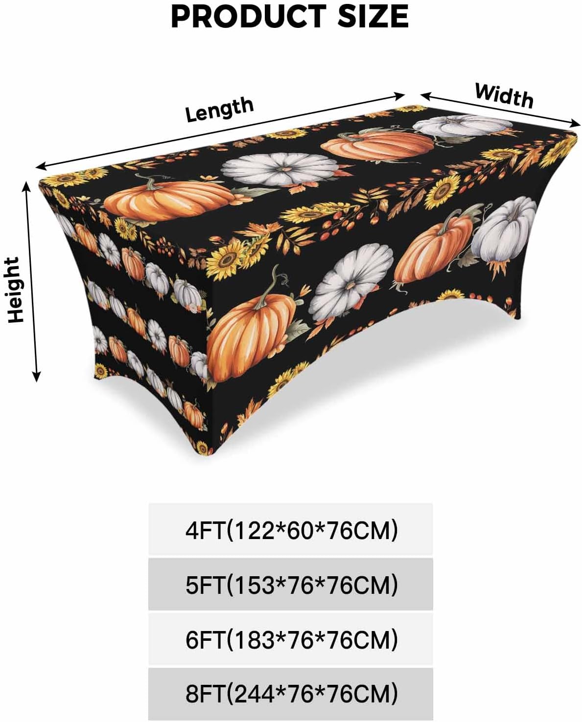 Spandex Tablecloth for 6ft Rectangle Tables,Fall Farm Pumpkin Fitted Stretch Table Cover Wrinkle Free Table Cloths for Party Wedding Banquet,Thanksgiving Maple Leaf Sunflower on Black