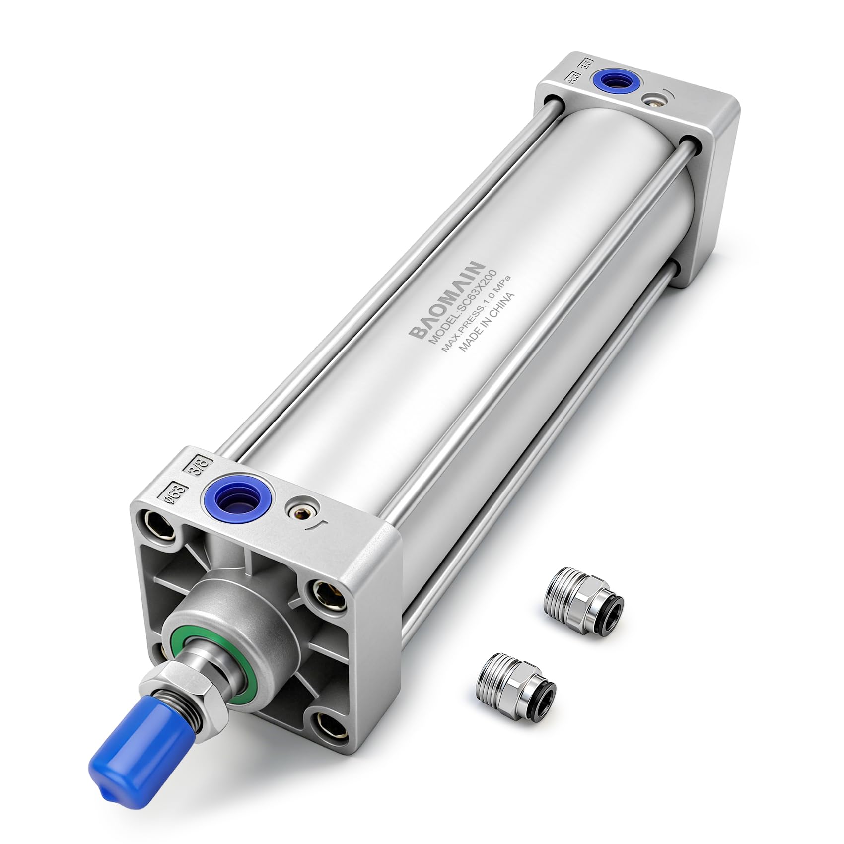 Baomain Pneumatic Air Cylinder SC 63 x 200,PT 3/8, Bore 2 1/2 inch(63mm), Stroke 8 inch(200mm), Dual Action 1 Mpa,for Industrial Machinery